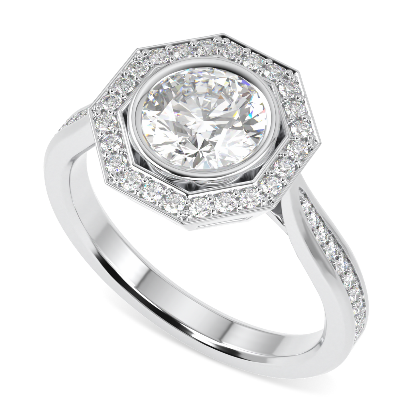 Brilliance 40 Platinum Diamond Octagonal Halo (With Shoulder Stones) Ring