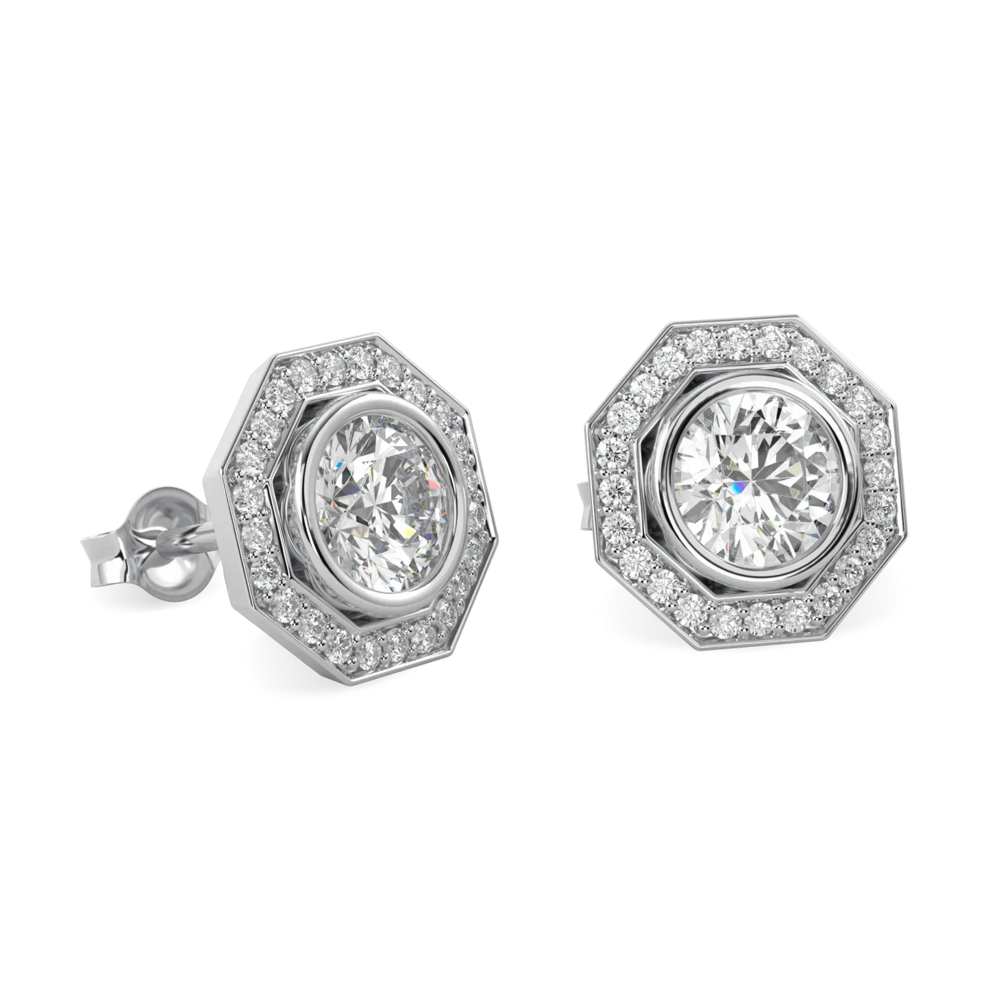 Brilliance 40 collection diamond octagonal halo earrings set in Platinum, Blacklock Jewellery — detail view