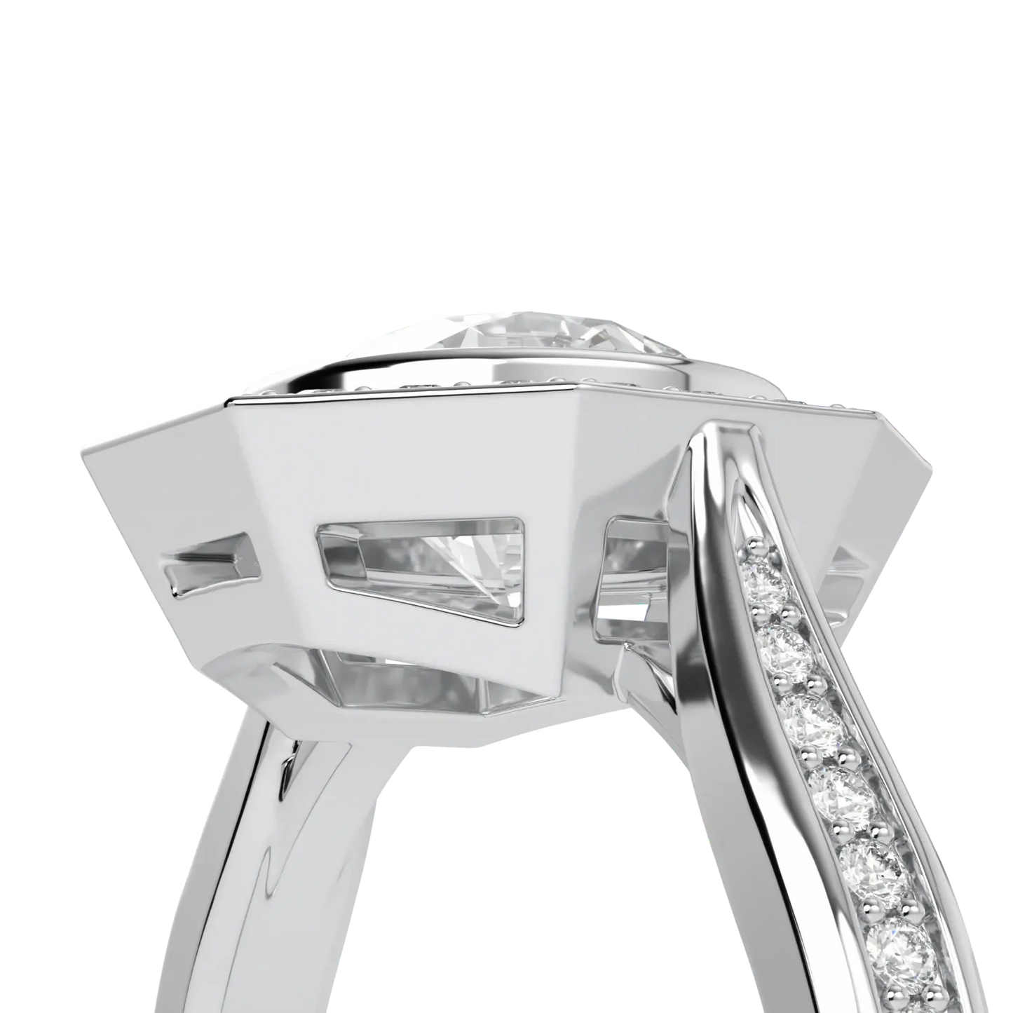 Handcrafted Platinum octagonal halo ring with Diamond by Blacklock, Brilliance 40 collection — worn view