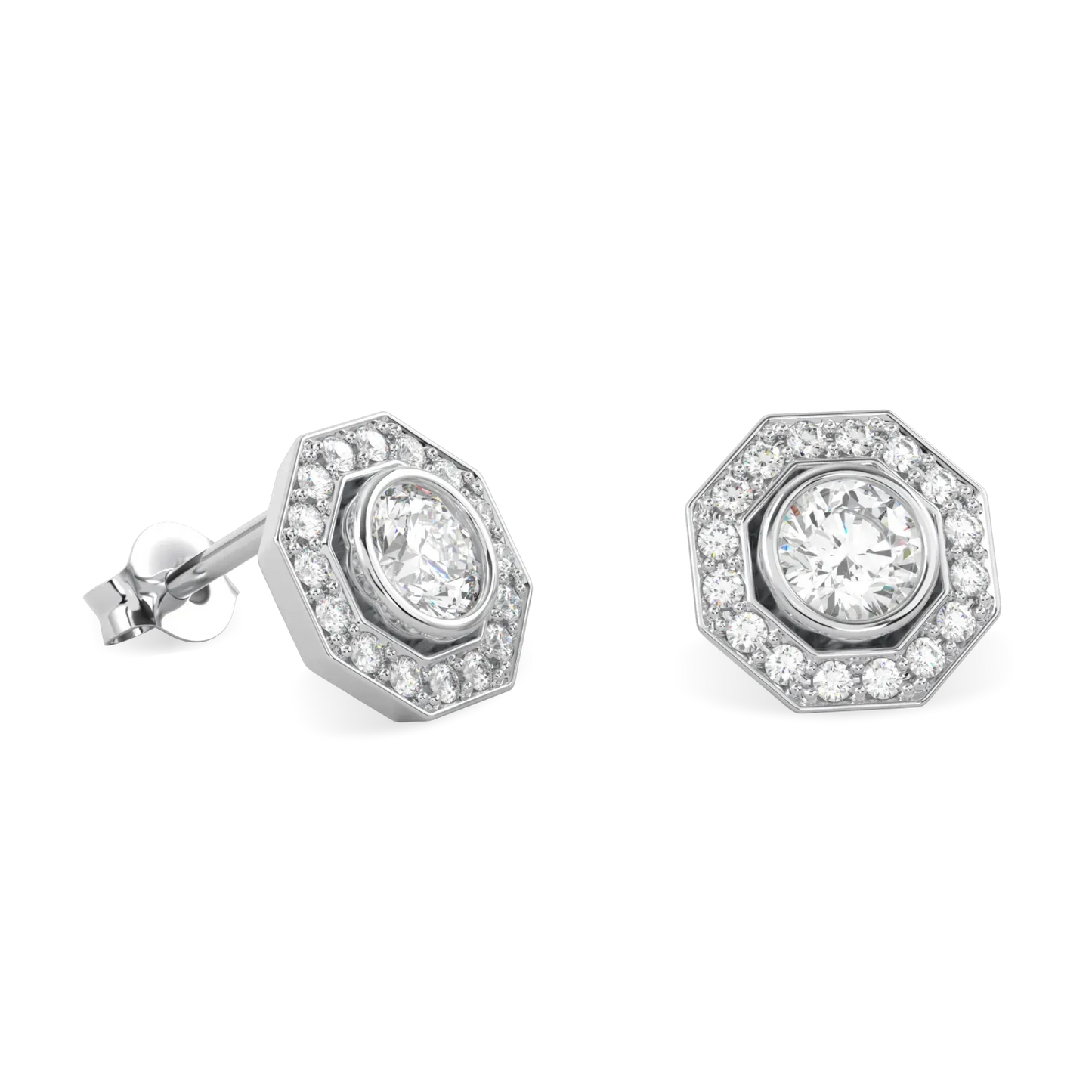Small Platinum Diamond Octagonal Halo Earrings by Blacklock Jewellery, Brilliance 40 collection — detail view