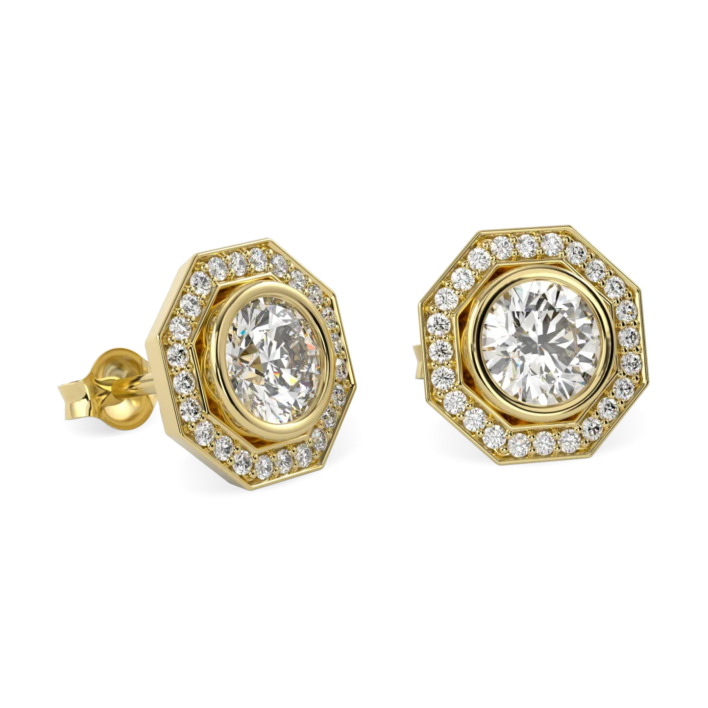 18ct Yellow Gold Diamond Octagonal Halo Earrings by Blacklock Jewellery, Brilliance 40 collection — detail view