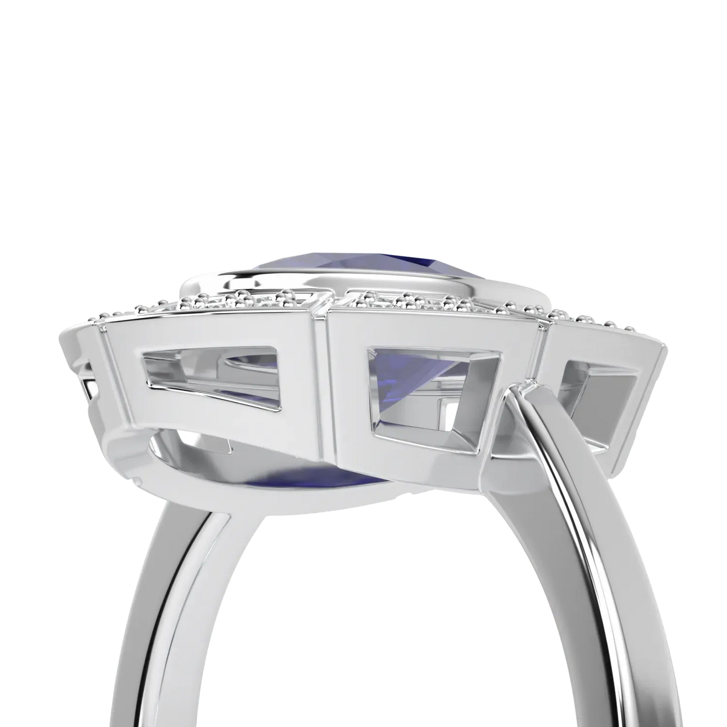 Cipher collection ring featuring Sapphire and Diamond set in Platinum, Blacklock Jewellery — worn view