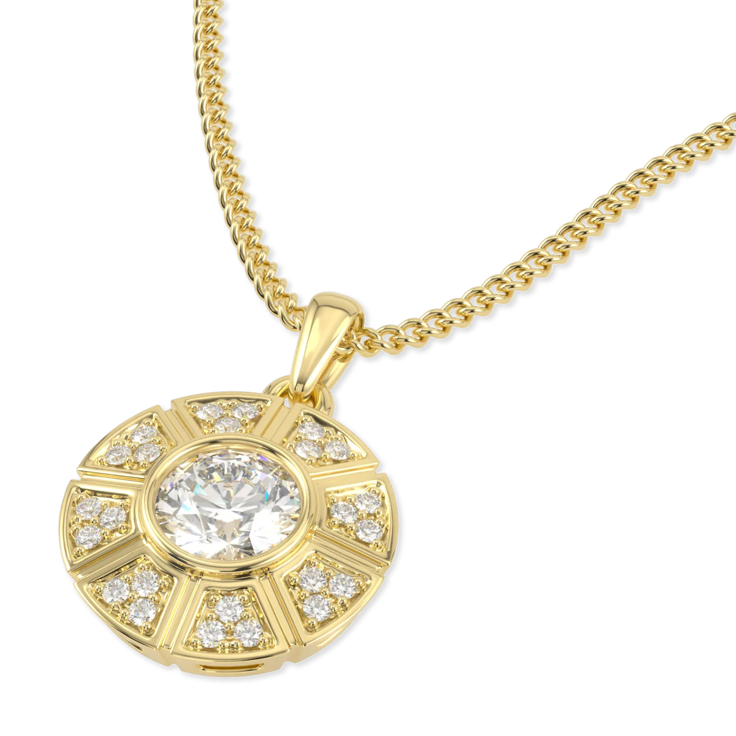 18ct Yellow Gold Diamond Geometric Halo Solitaire Pendant by Blacklock Jewellery, Cipher collection — detail view