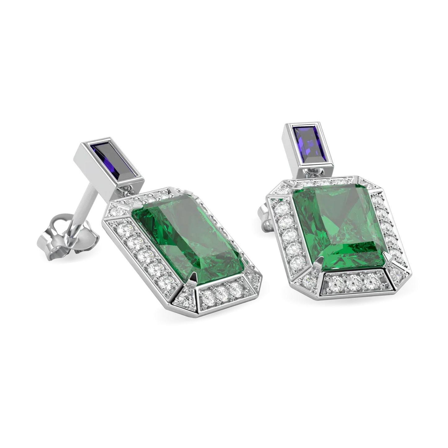 18ct White Gold Emerald Sapphire Diamond drop earrings from Blacklock's Empower collection — detail view