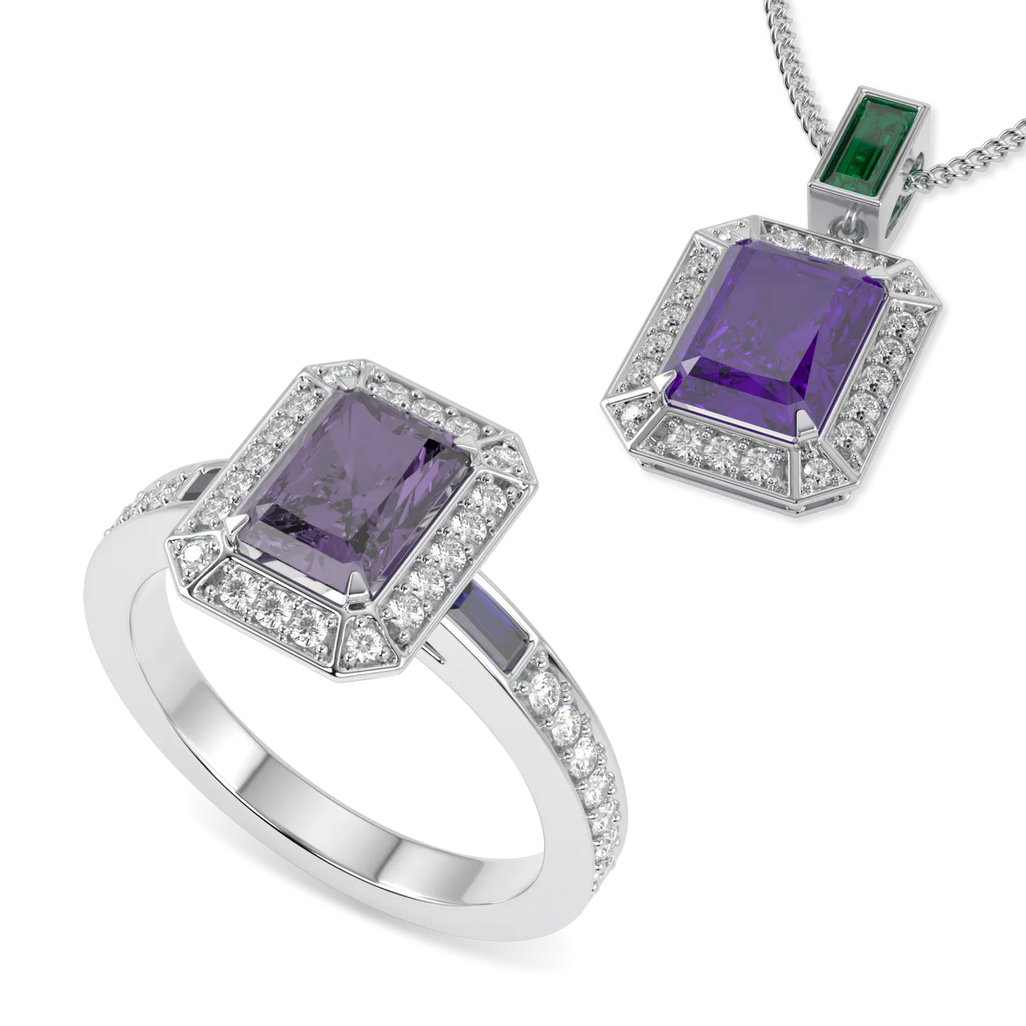 White Gold Amethyst Pendant and Ring Set by Blacklock Jewellery, Empower collection