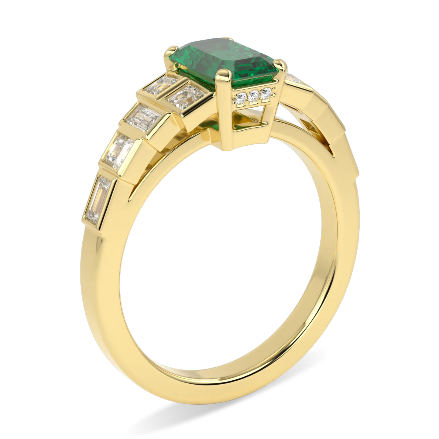 Handcrafted 18ct Yellow Gold engagement ring with 0.95cts Emerald and Diamond by Blacklock, Force collection — detail view