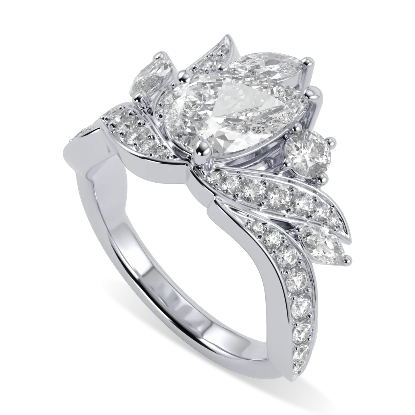 Handcrafted Inferno Platinum engagement ring with central Pear Shaped Diamond by Blacklock, High Jewellery collection — detail view
