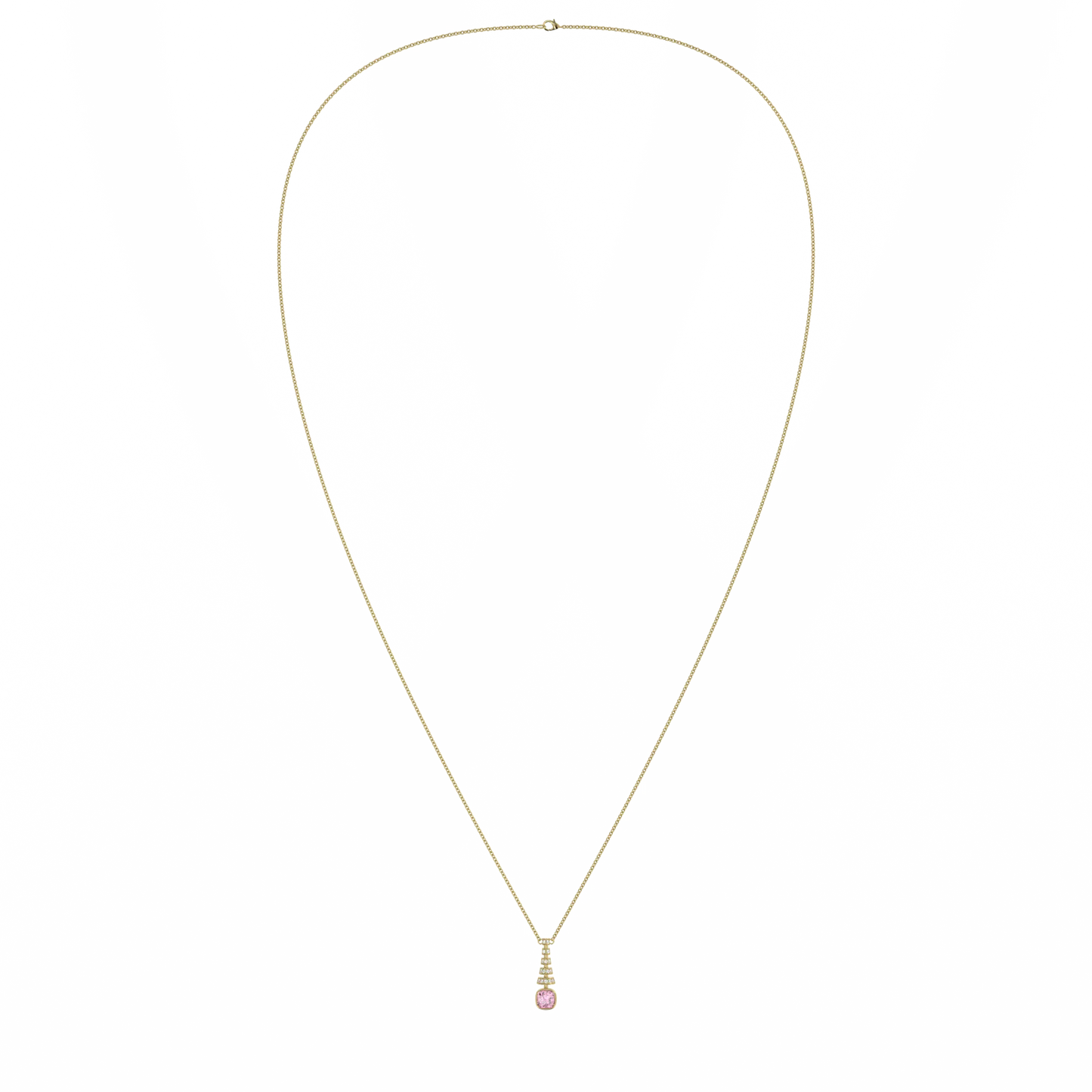 Handcrafted Yellow Gold pendant with Pink Tourmaline by Blacklock, Miami Deco collection — detail view