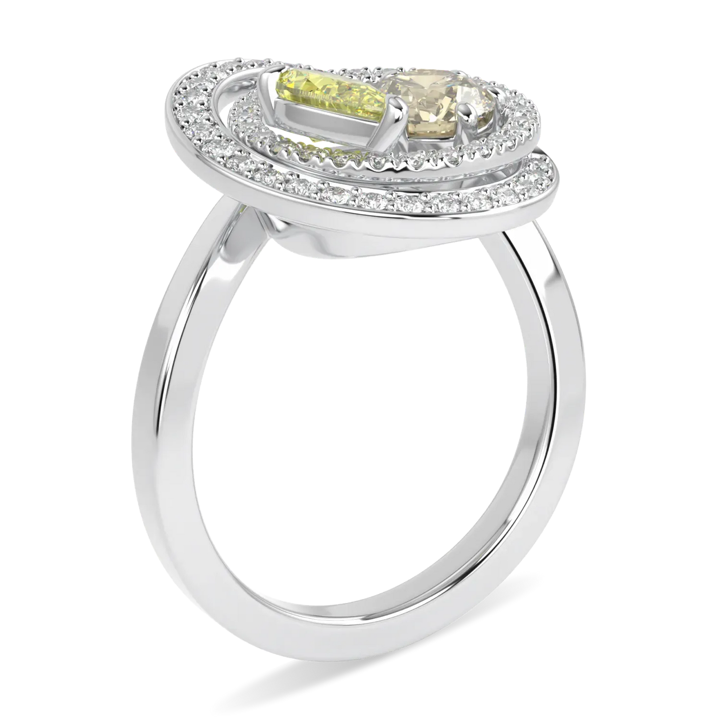 Handcrafted 18ct White Gold ring with Fancy Yellow Diamond by Blacklock, Serpentine collection — through finger view