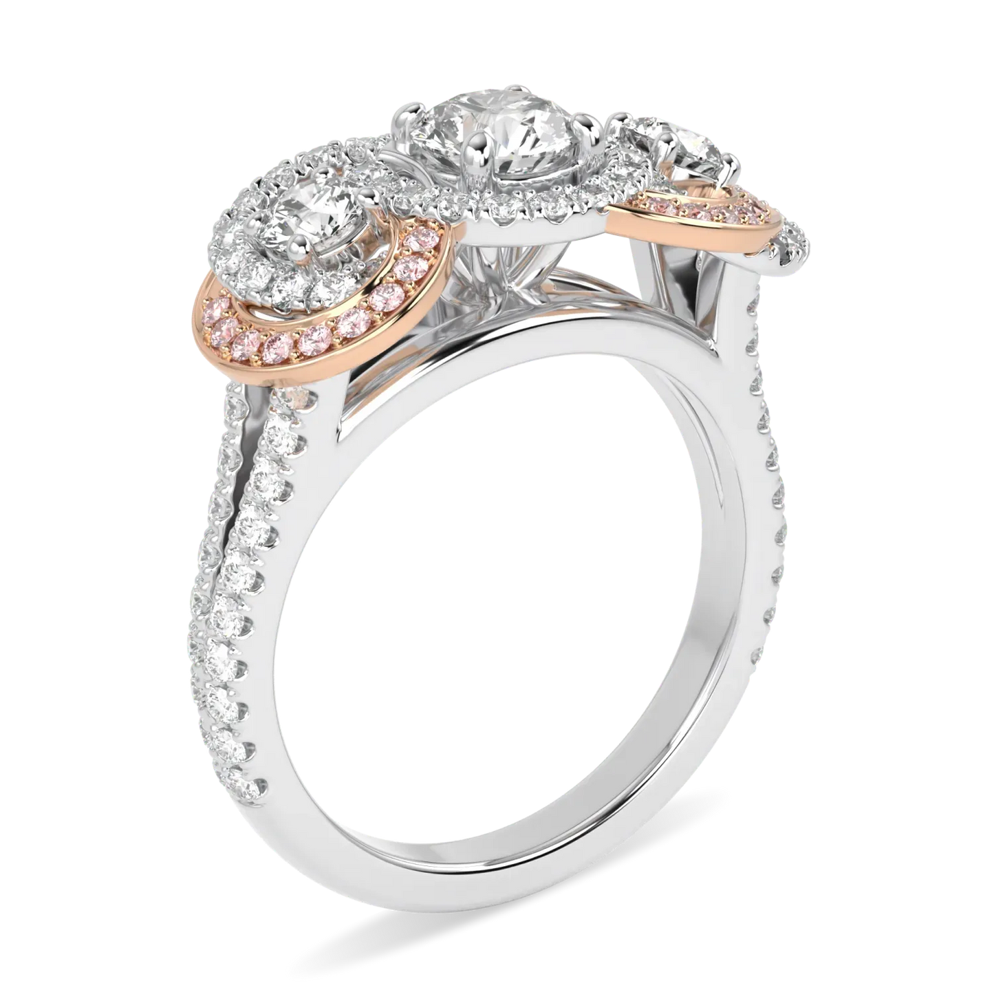 Platinum Rose Gold Three Stone Diamond ring from Blacklock's High Jewellery collection — through finger view