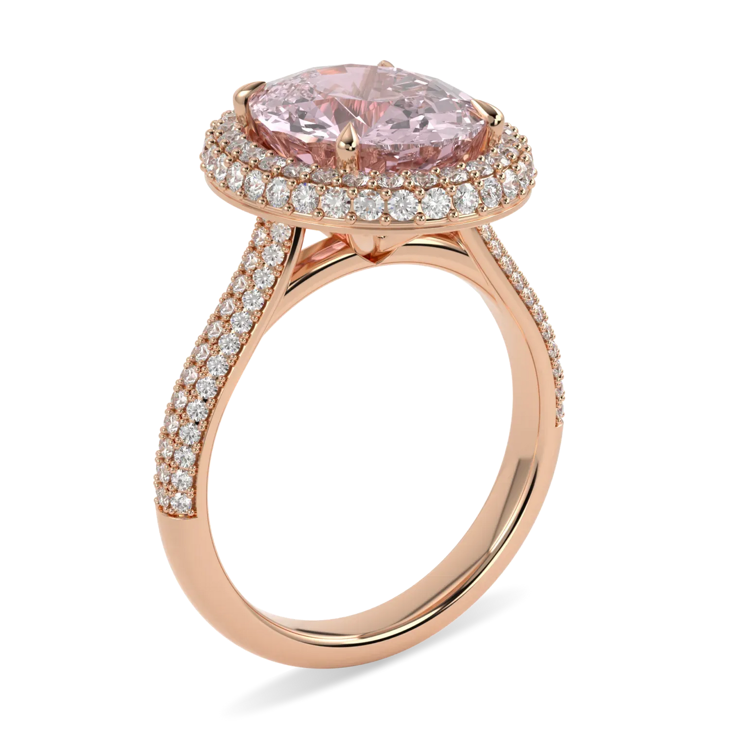 Handcrafted 18ct Rose Gold ring with Morganite and Diamond by Blacklock, High Jewellery collection — through finger view