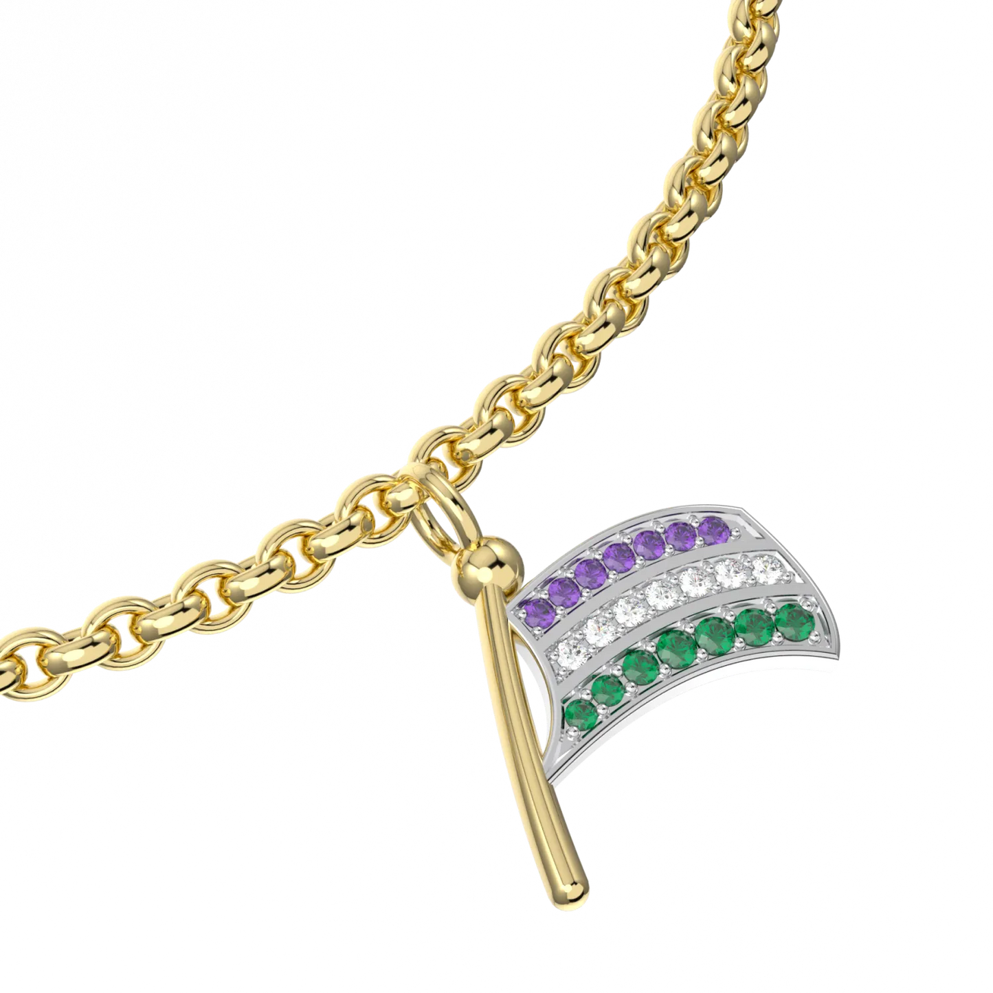 Handcrafted Yellow Gold Suffragette Flag charm bracelet by Blacklock — worn view