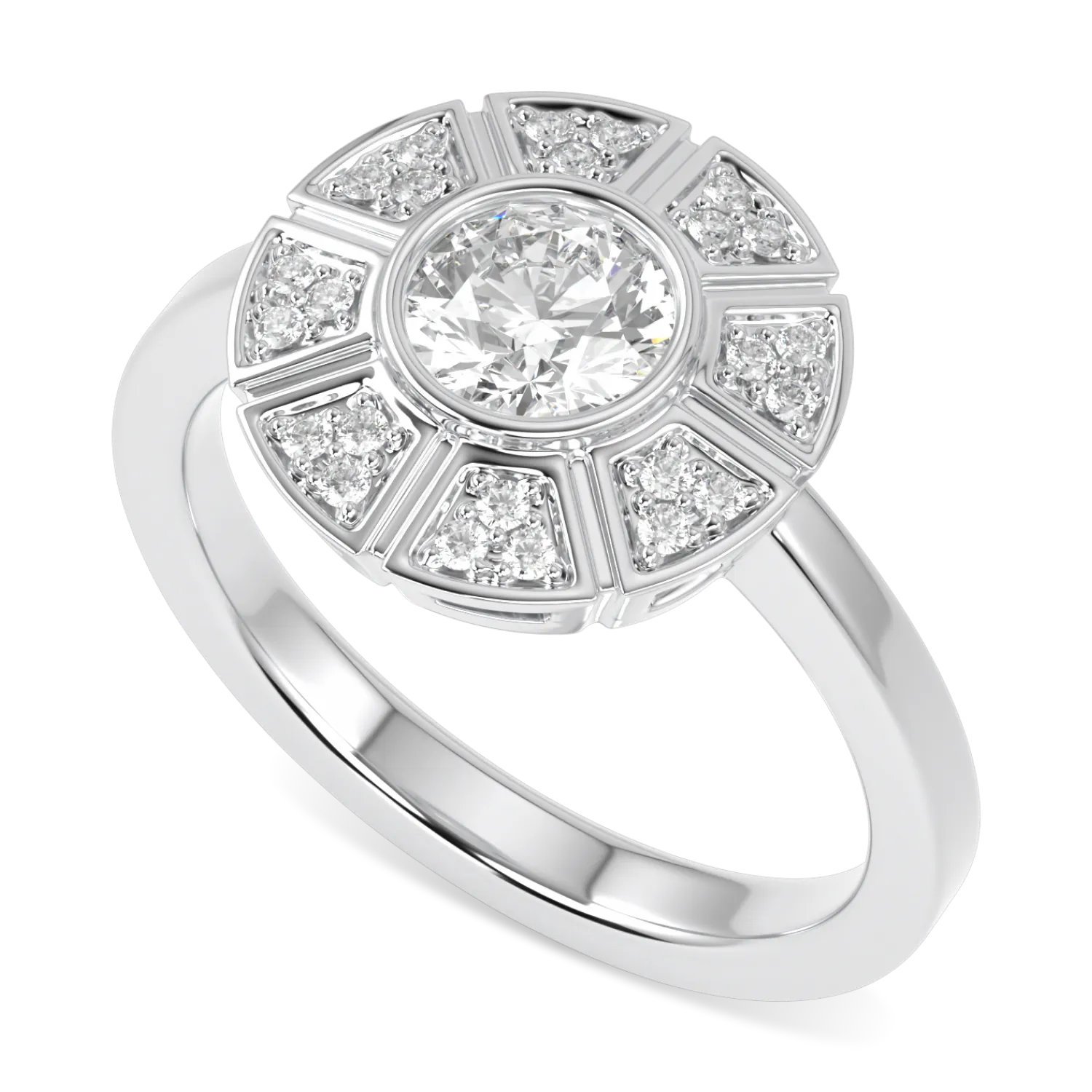 Cipher collection ring: round brilliant diamond center with radiating diamond-set platinum segments.