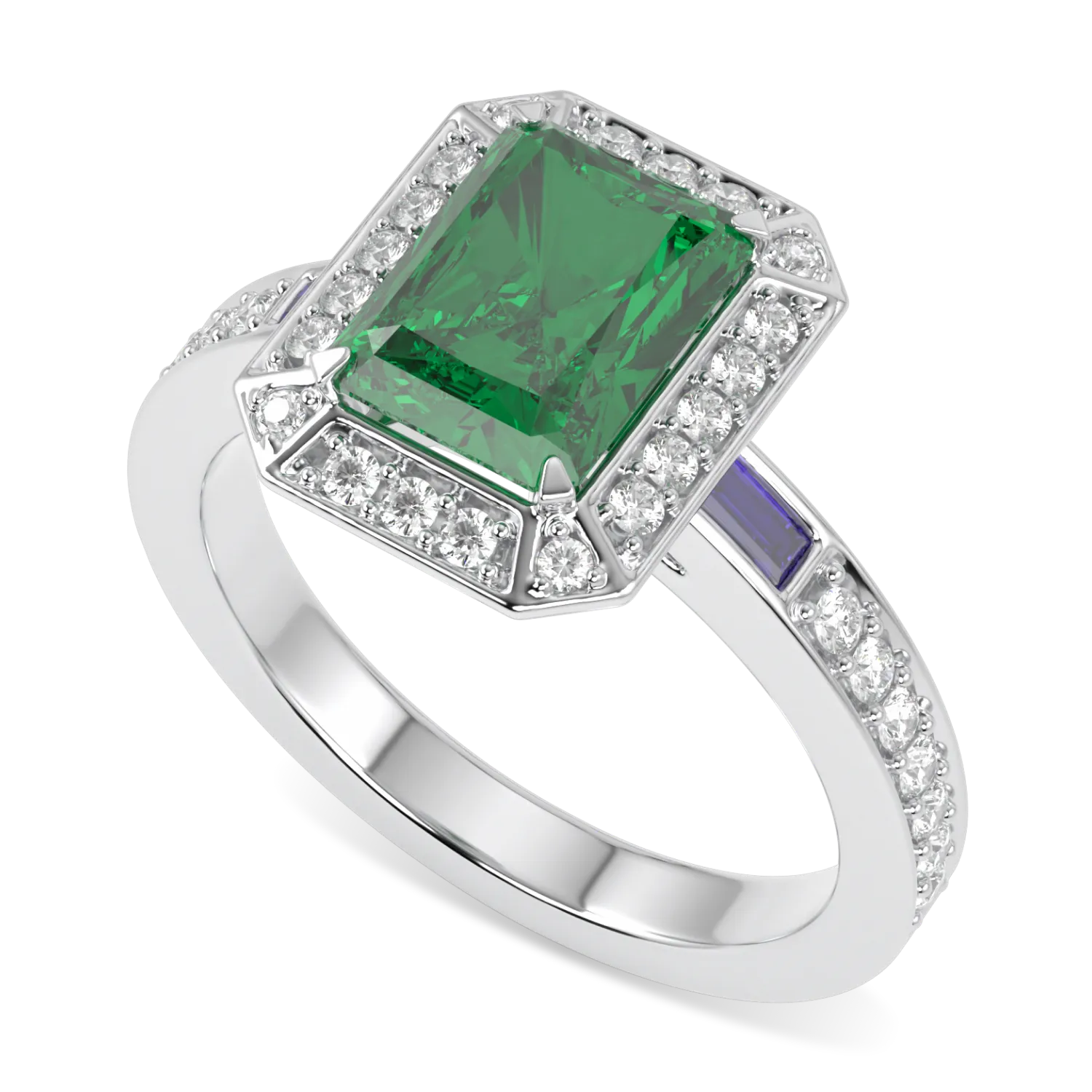 Empower collection: Elegant white gold ring with a vibrant emerald, diamond halo, and sapphire accents.