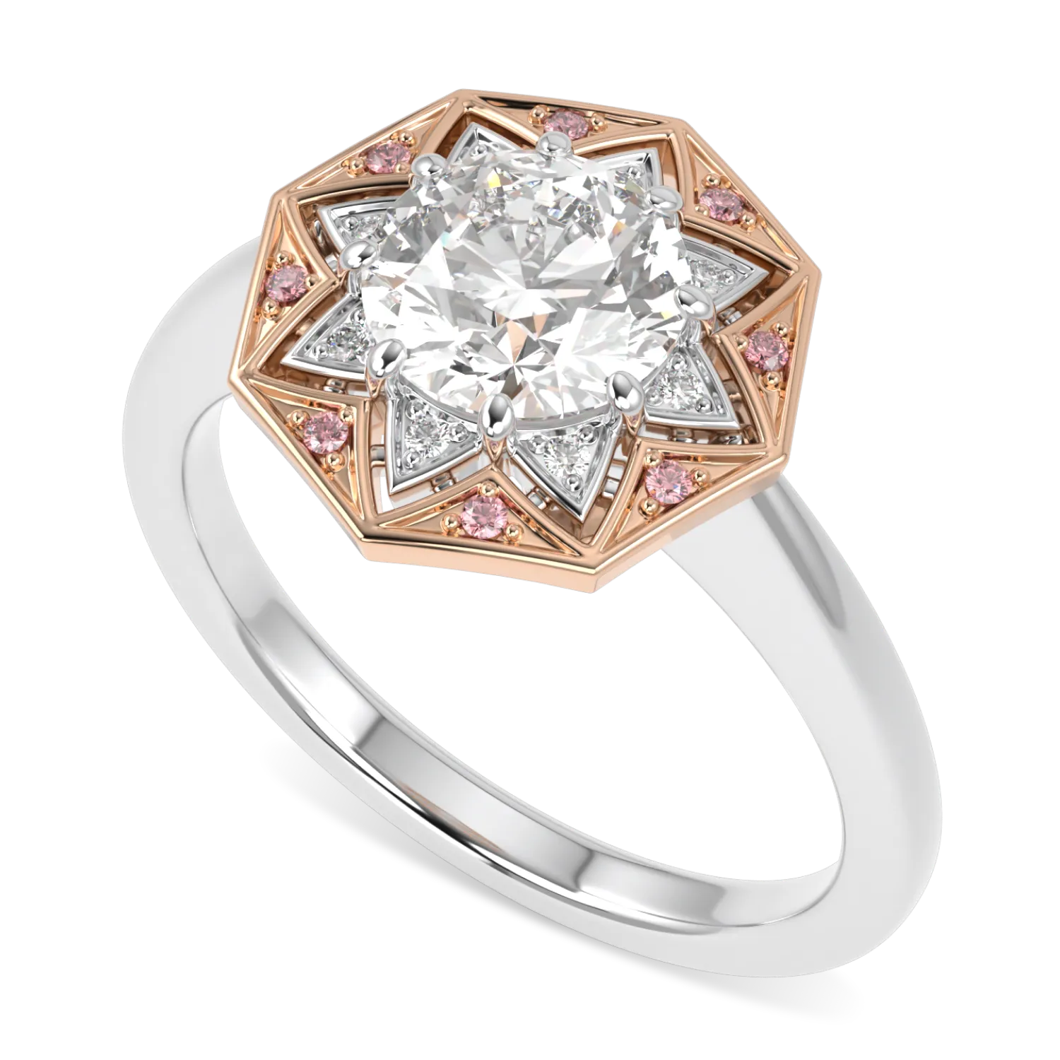 Hawthorn Collection: White gold ring with a large center diamond, rose gold halo, pink sapphires, and starburst details.