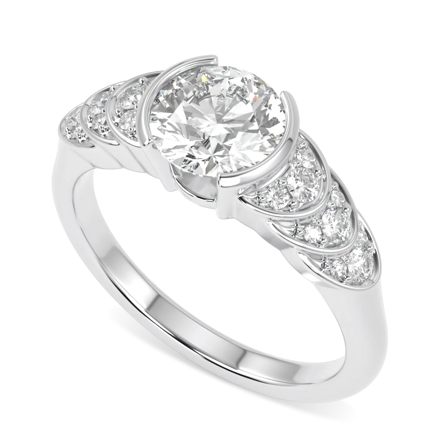 Sparkling round brilliant cut diamond ring with pave-set side stones in white gold.