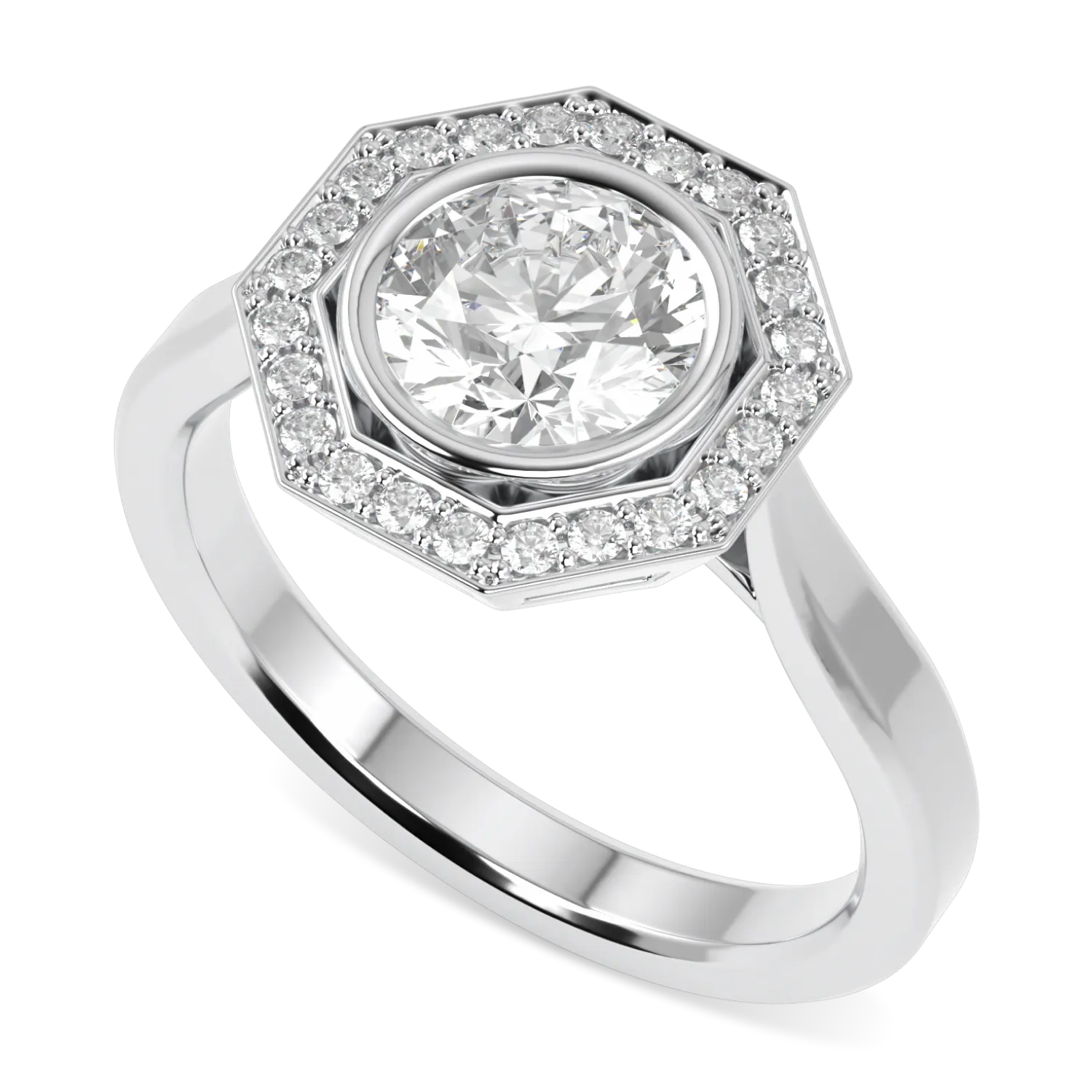 Brilliance 40: Elegant white gold ring with a sparkling round diamond halo in an octagonal setting.