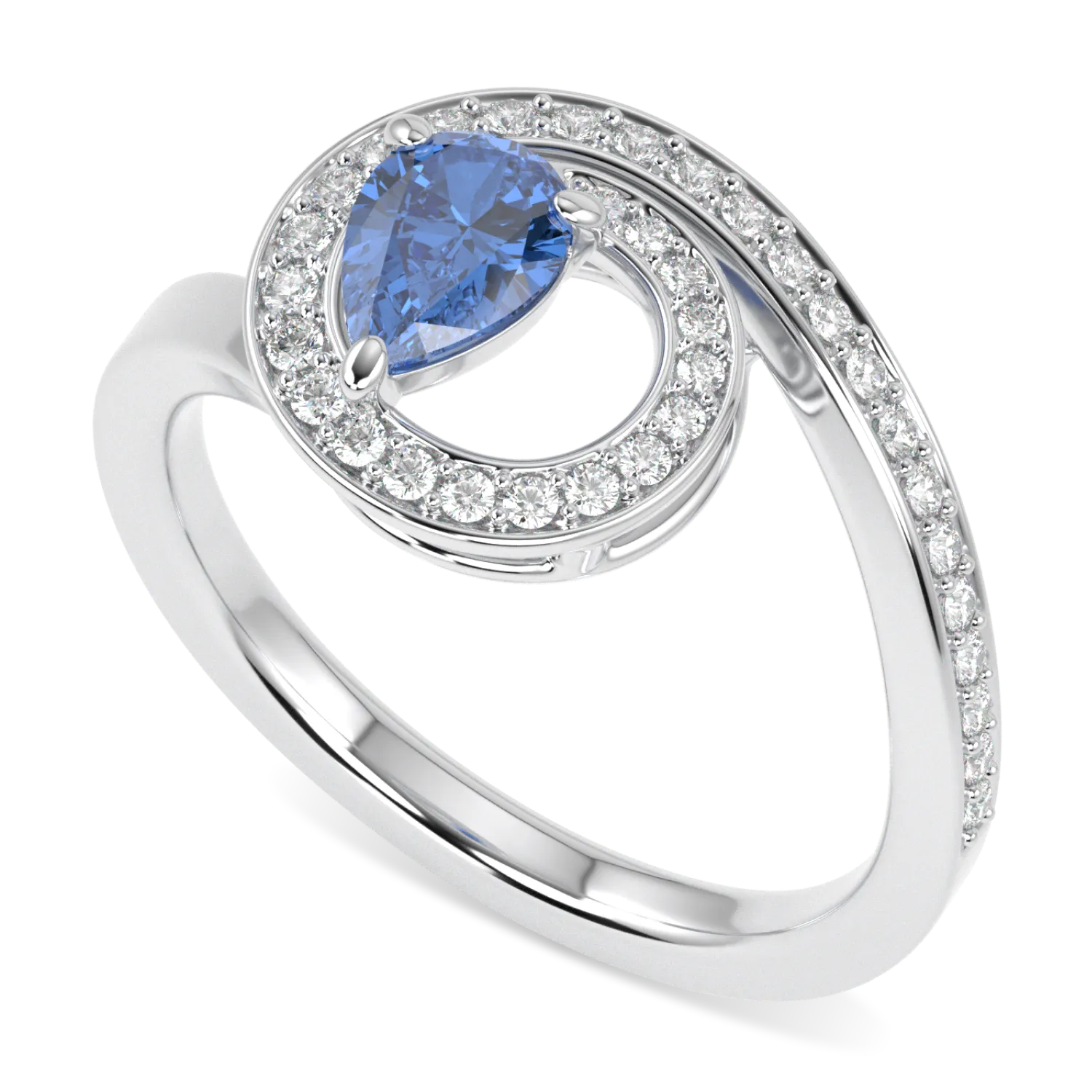 Serpentine collection: Silver ring with a pear-shaped blue sapphire and swirling diamond accents.