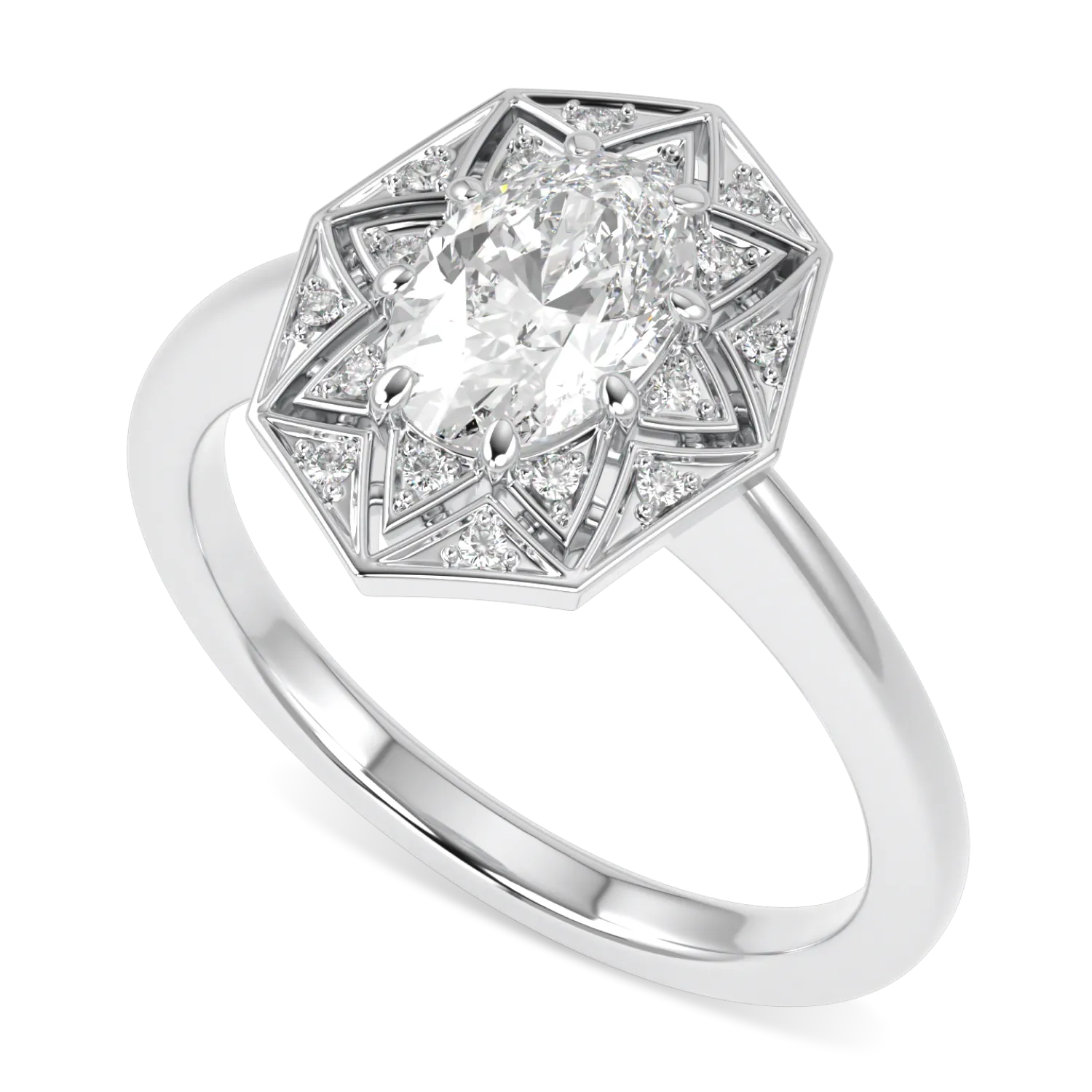 Oval cut diamond ring with a dazzling geometric halo in white gold.