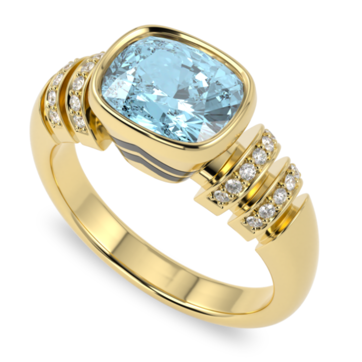 Miami Deco Large Yellow Gold Aquamarine Diamond Ring