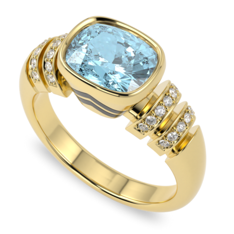 Miami Deco Large Yellow Gold Aquamarine Diamond Ring