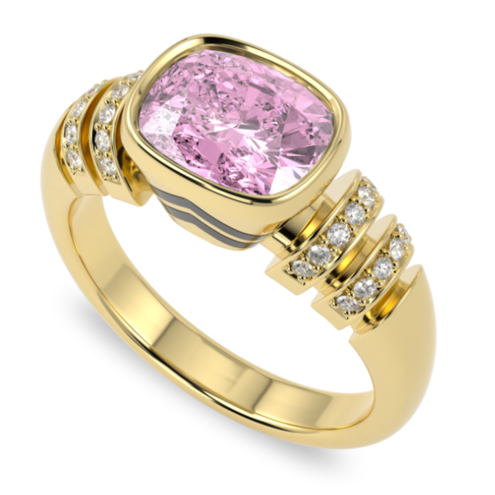 Miami Deco Large Yellow Gold Pink Tourmaline Diamond Ring