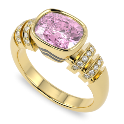 Miami Deco Large Yellow Gold Pink Tourmaline Diamond Ring