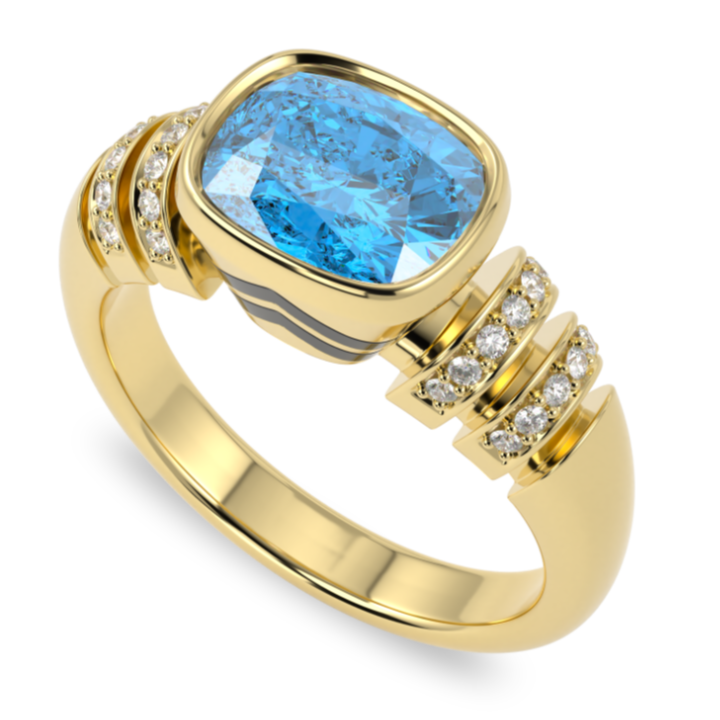 Miami Deco Large Yellow Gold Blue Topaz Diamond Ring