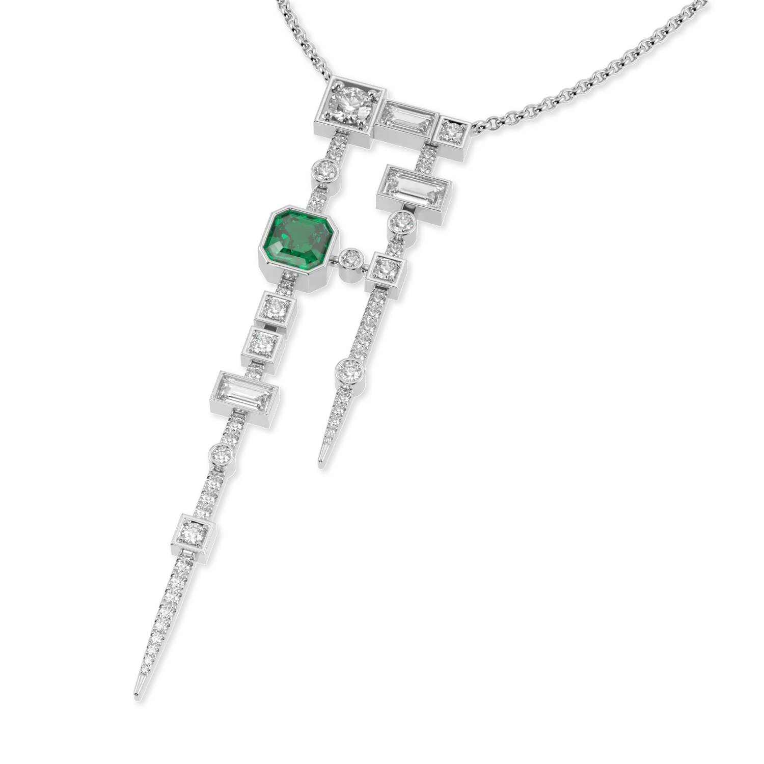 18ct White Gold Emerald and Diamond pendant from Blacklock's High Jewellery collection — detail view