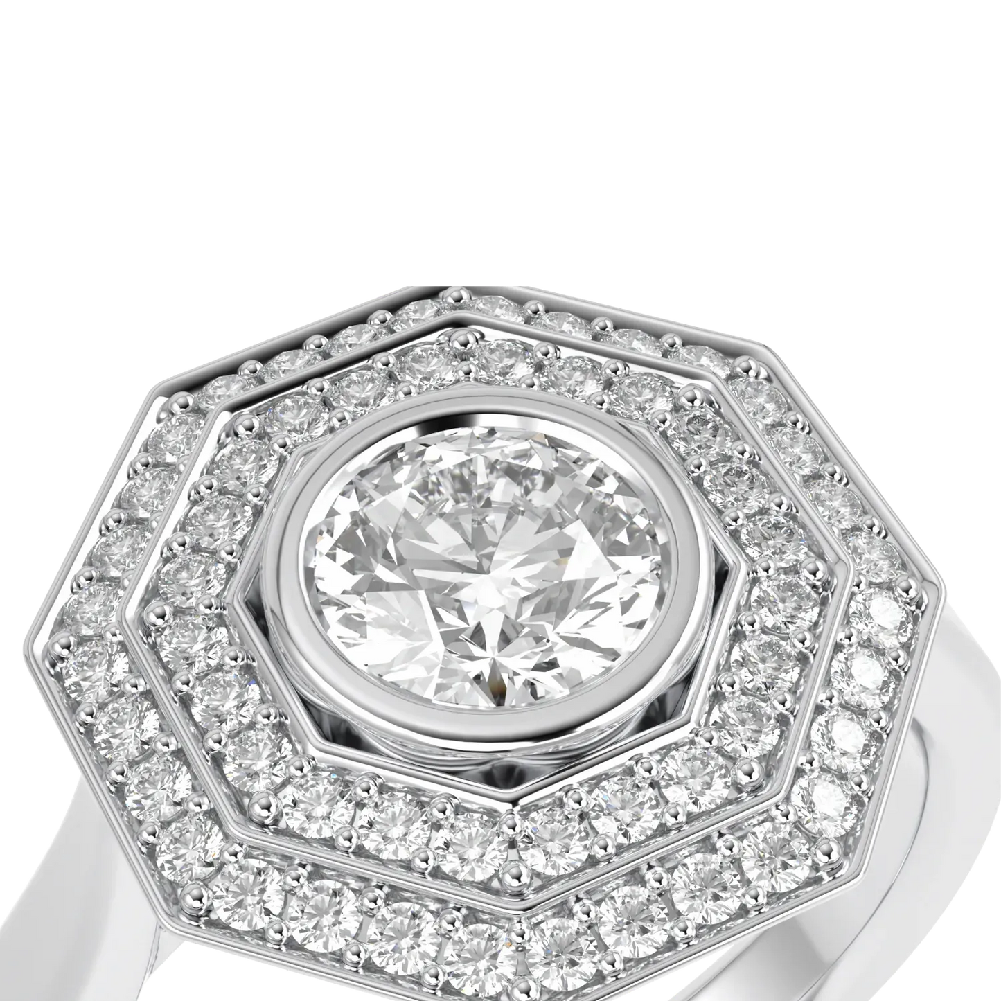 Handcrafted Platinum ring with Diamond double halo by Blacklock, Brilliance 40 collection — detail view