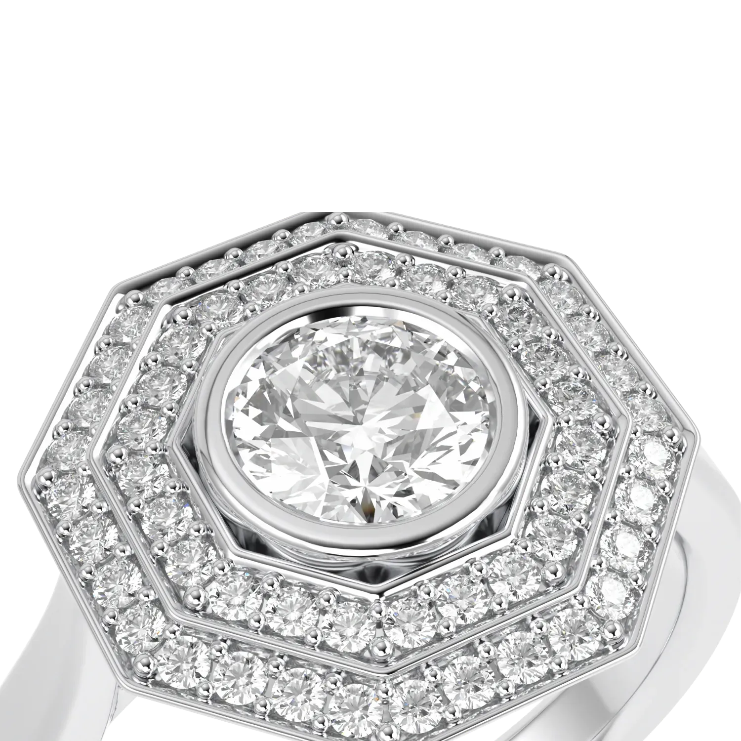 Handcrafted Platinum ring with Diamond double halo by Blacklock, Brilliance 40 collection — detail view