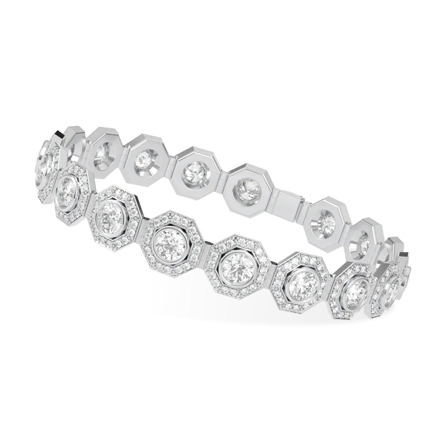 Platinum Diamond Octagonal Halo Bracelet by Blacklock Jewellery, Brilliance 40 collection — worn view