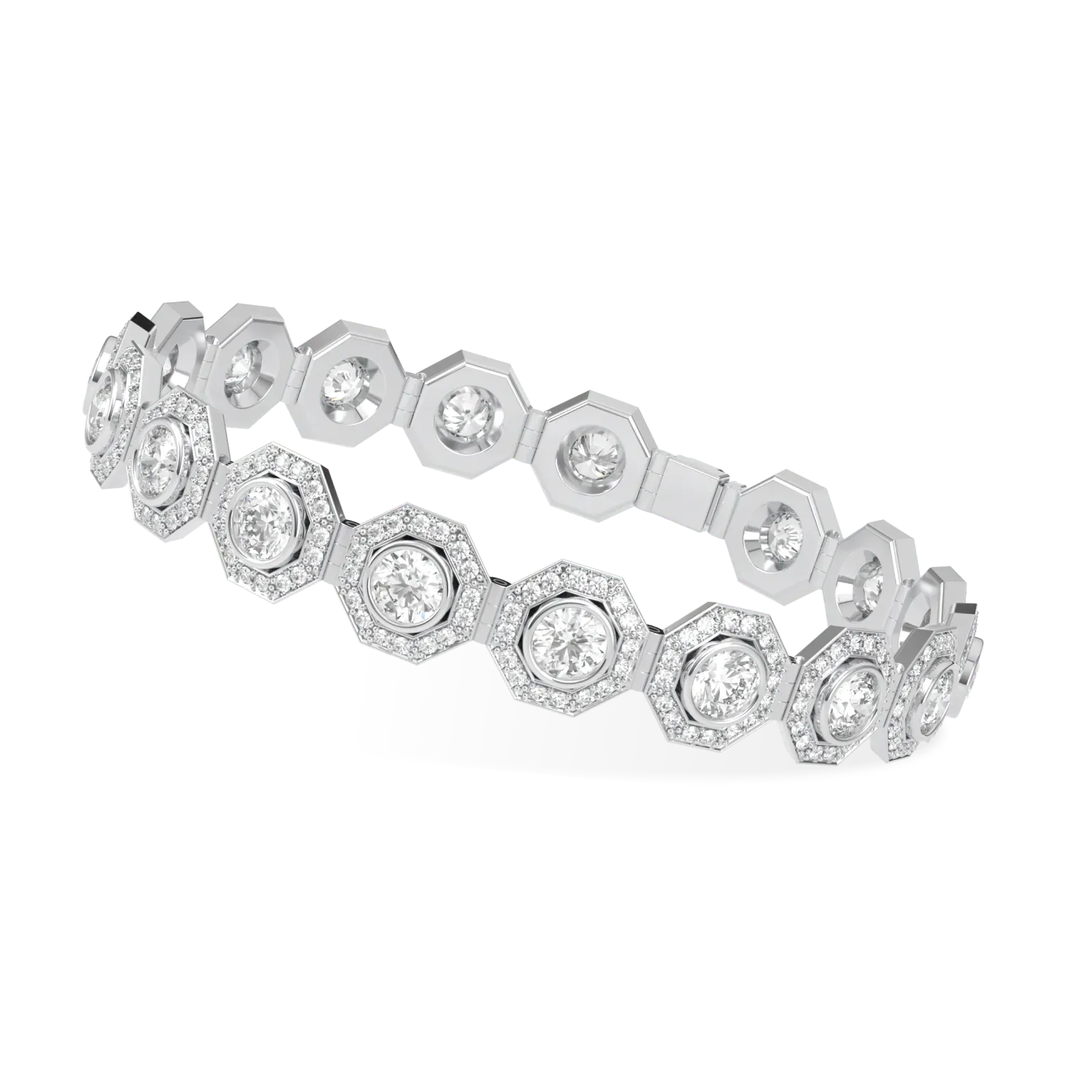 Platinum Diamond Octagonal Halo Bracelet by Blacklock Jewellery, Brilliance 40 collection — worn view