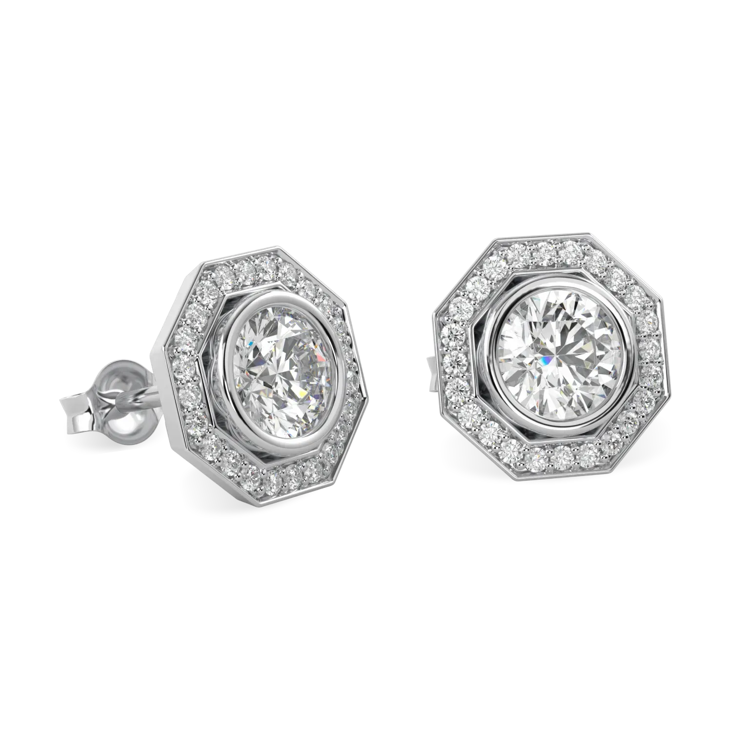 Brilliance 40 collection diamond octagonal halo earrings set in Platinum, Blacklock Jewellery — detail view