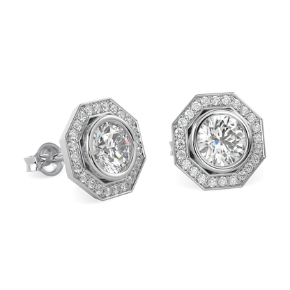 Brilliance 40 collection diamond octagonal halo earrings set in Platinum, Blacklock Jewellery — detail view