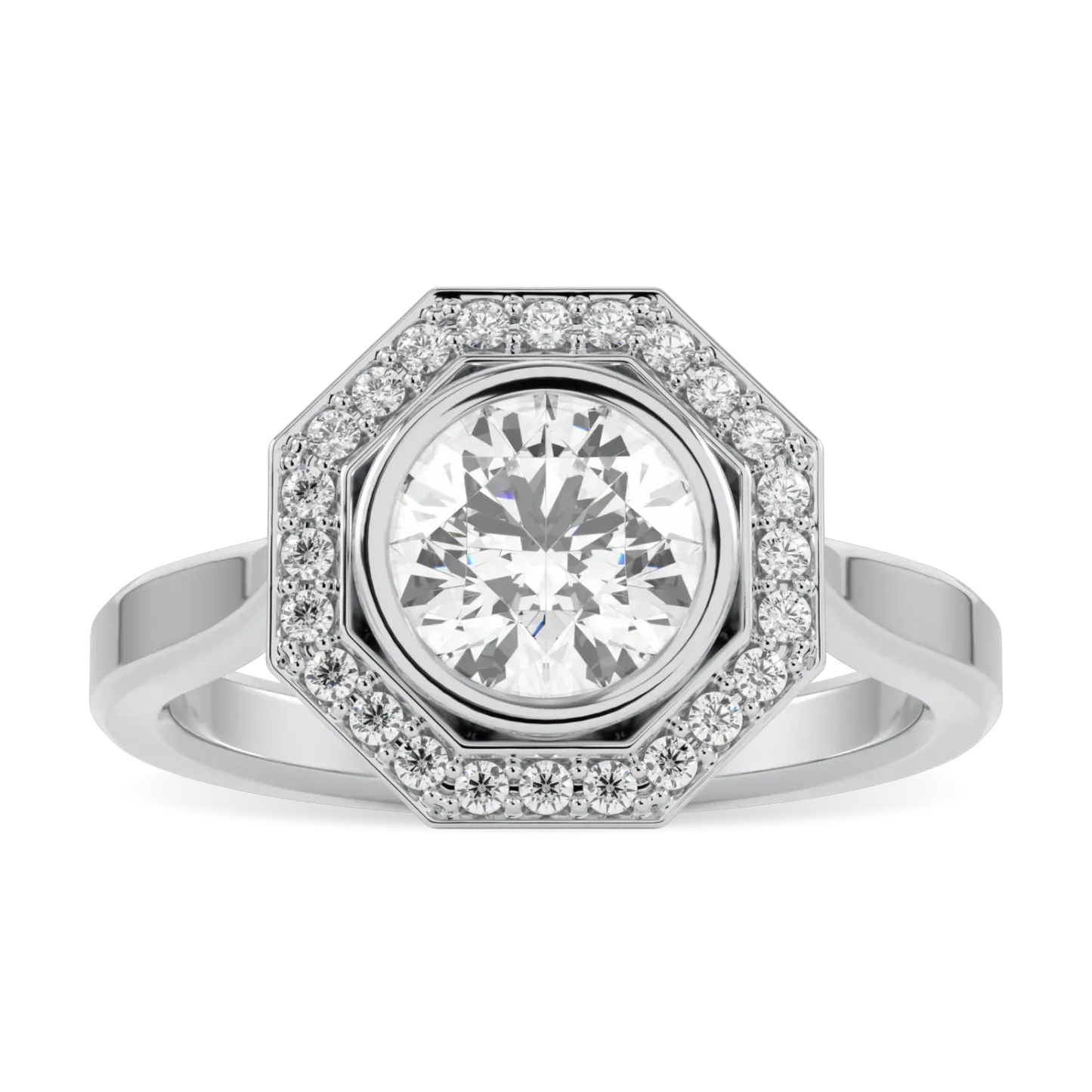 Platinum Diamond Octagonal Halo Ring by Blacklock Jewellery, Brilliance 40 collection — top down view