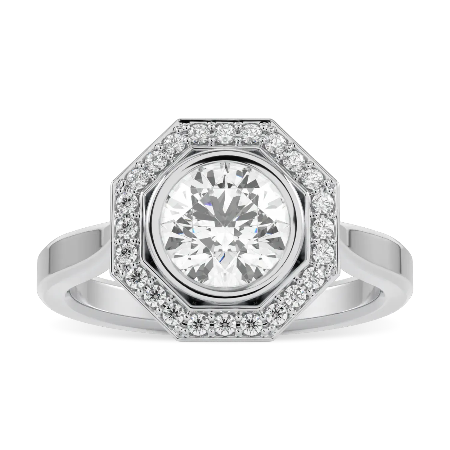 Platinum Diamond Octagonal Halo Ring by Blacklock Jewellery, Brilliance 40 collection — top down view
