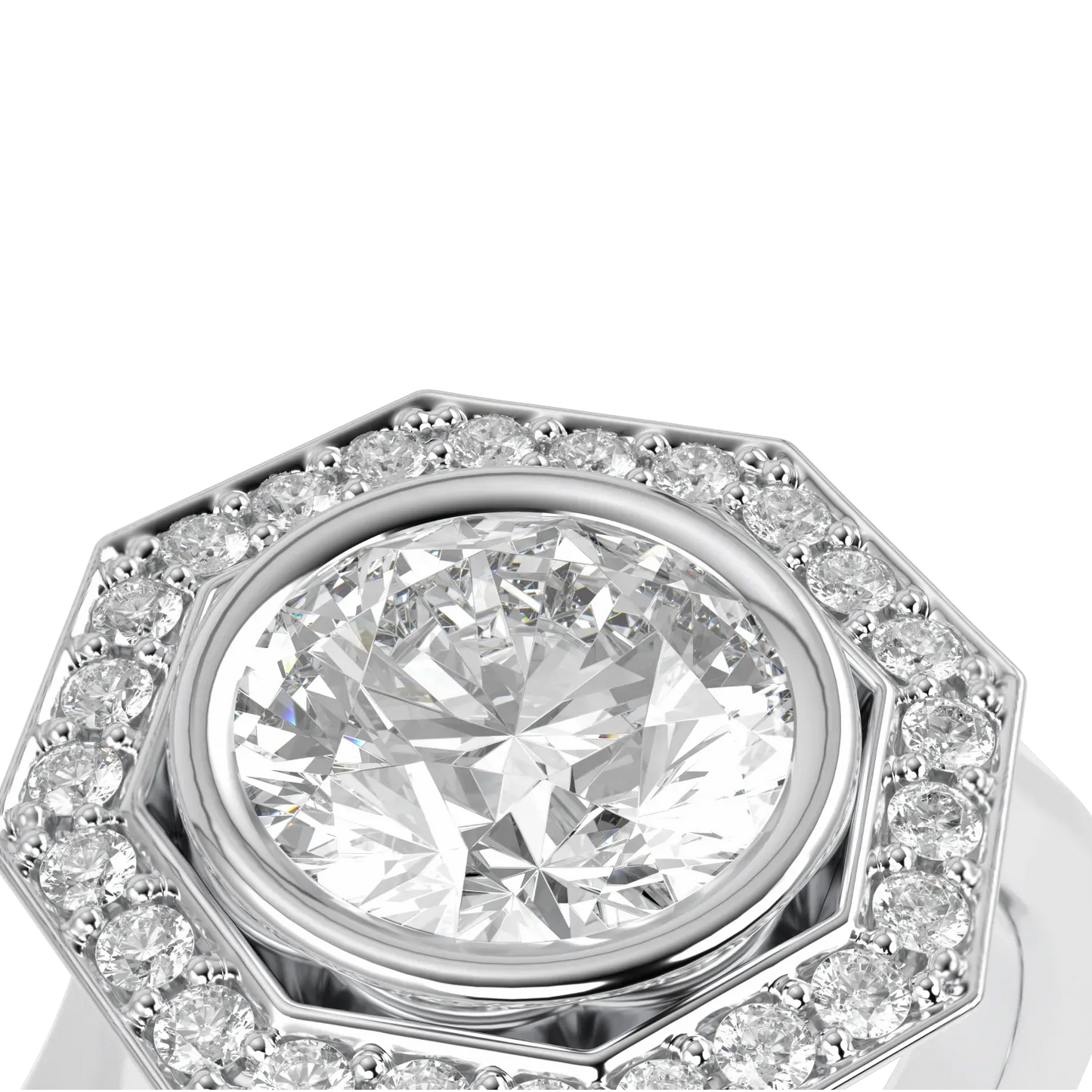 Platinum Diamond octagonal halo ring from Blacklock's Brilliance 40 collection — detail view