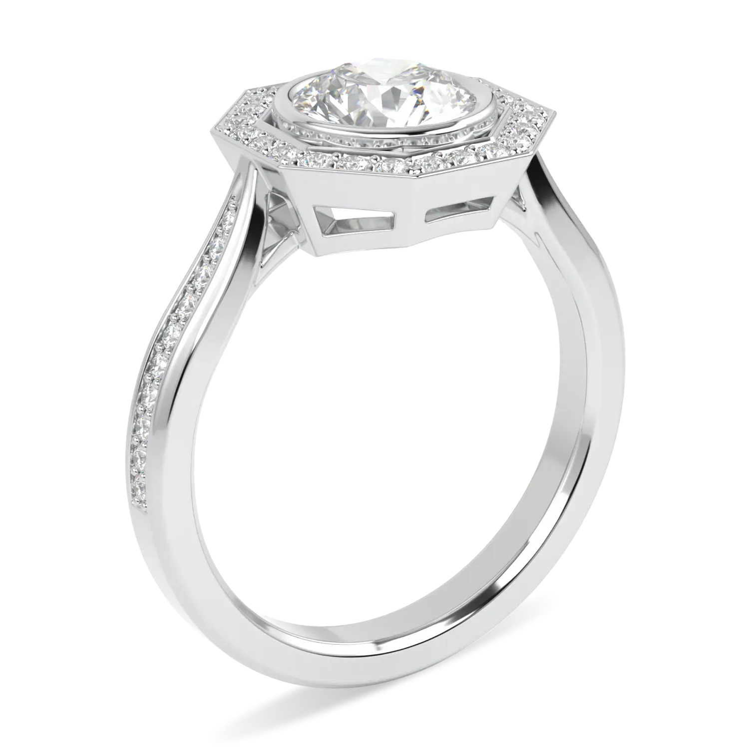 Brilliance 40 collection octagonal halo ring featuring Diamond set in Platinum, Blacklock Jewellery — detail view