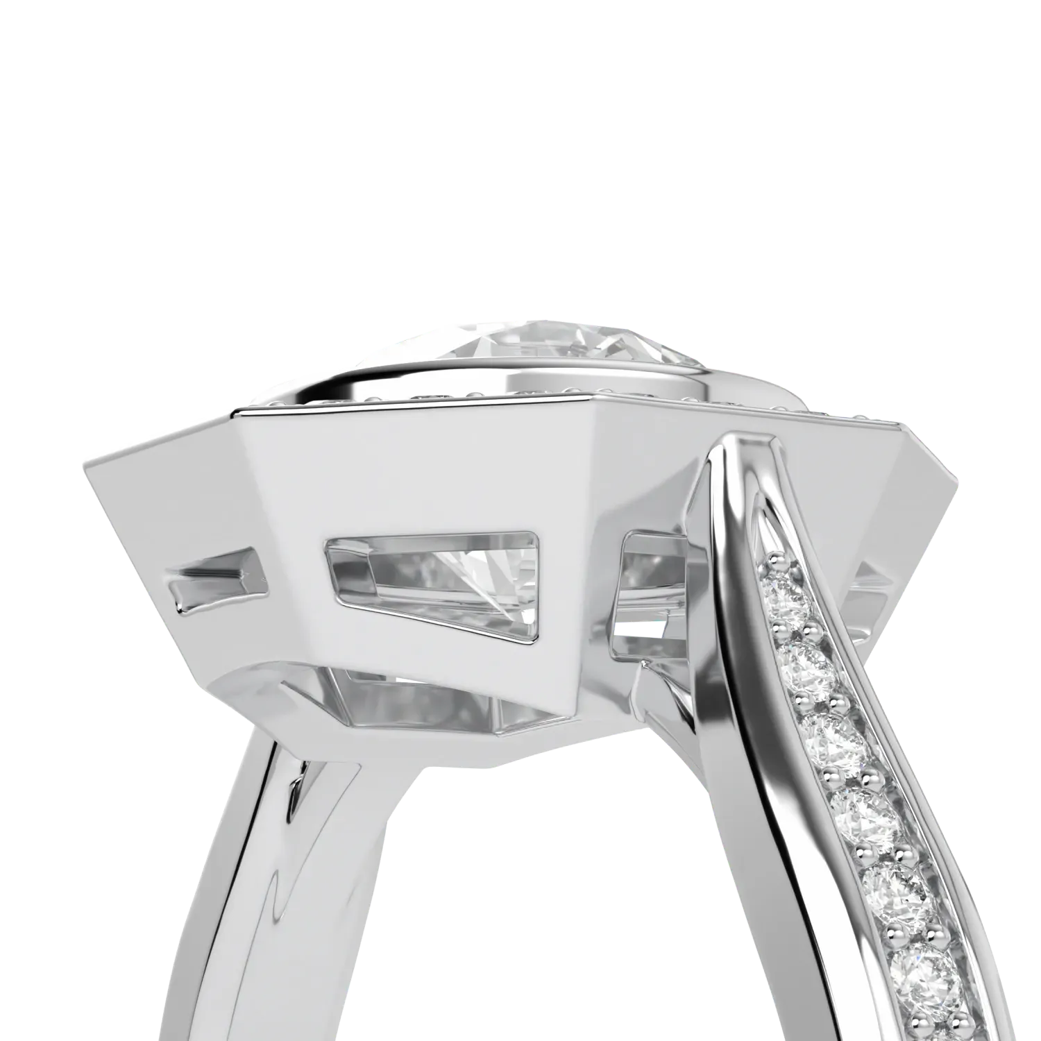 Handcrafted Platinum octagonal halo ring with Diamond by Blacklock, Brilliance 40 collection — worn view