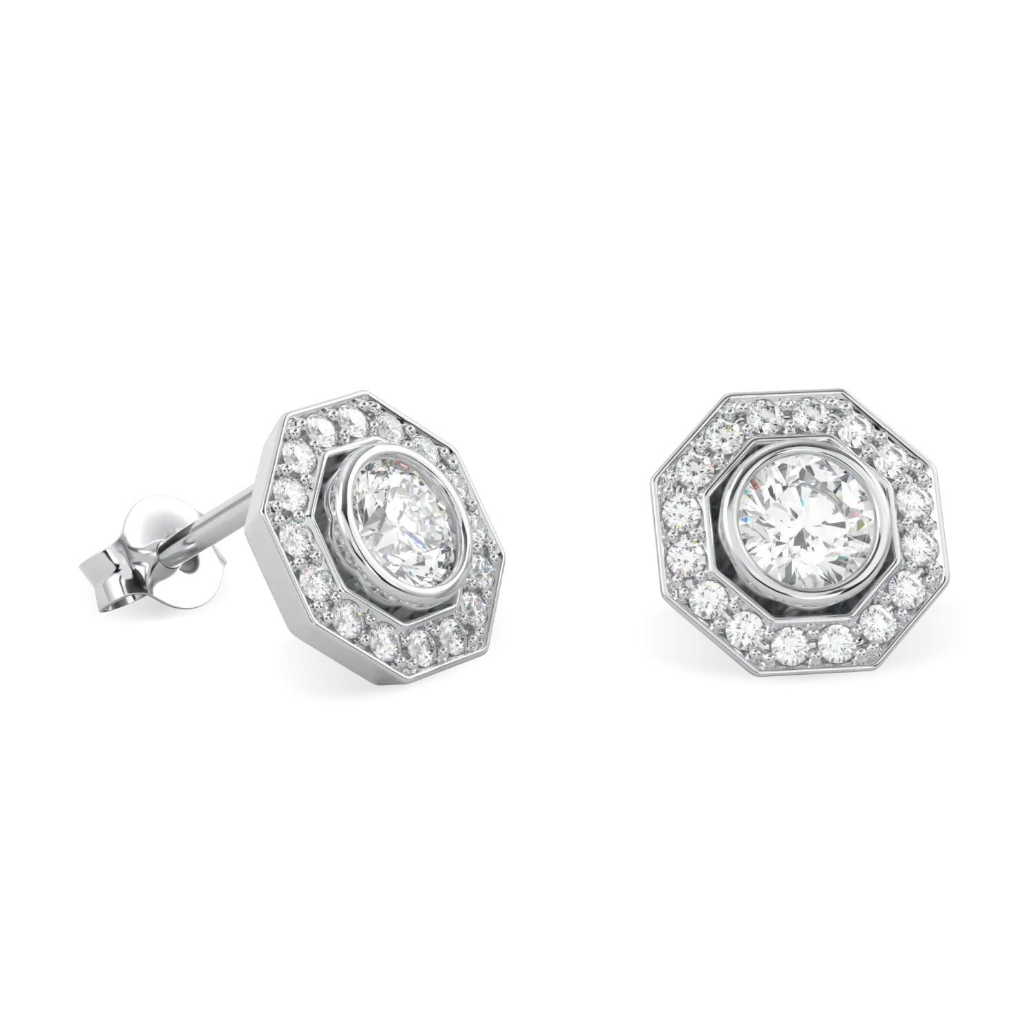 Small Platinum Diamond Octagonal Halo Earrings by Blacklock Jewellery, Brilliance 40 collection — detail view