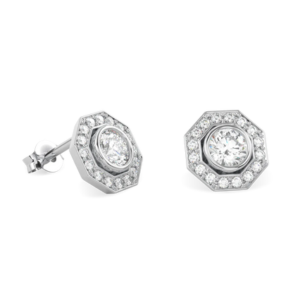 Small Platinum Diamond Octagonal Halo Earrings by Blacklock Jewellery, Brilliance 40 collection — detail view