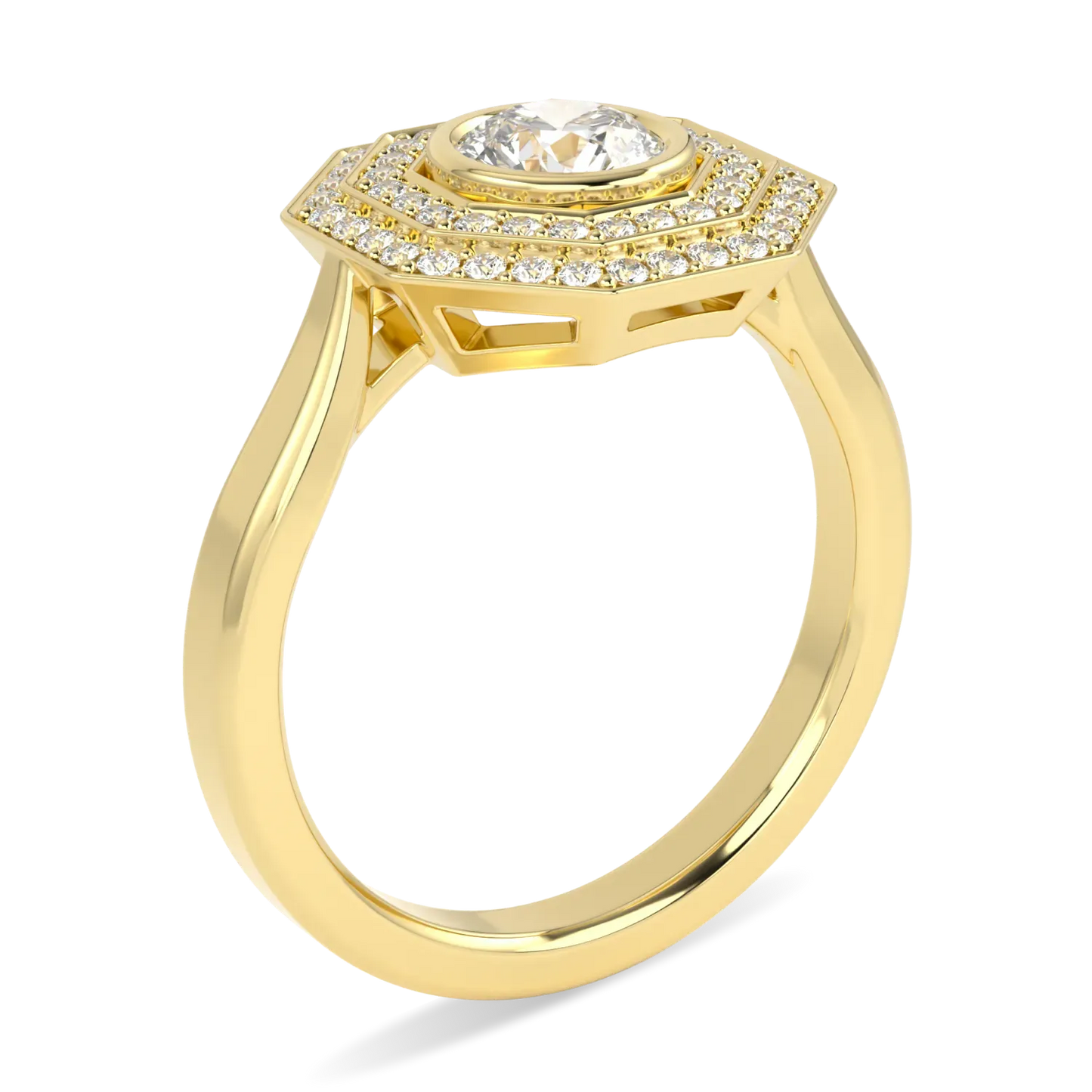 Brilliance 40 collection double halo diamond ring set in 18ct Yellow Gold, Blacklock Jewellery — worn view