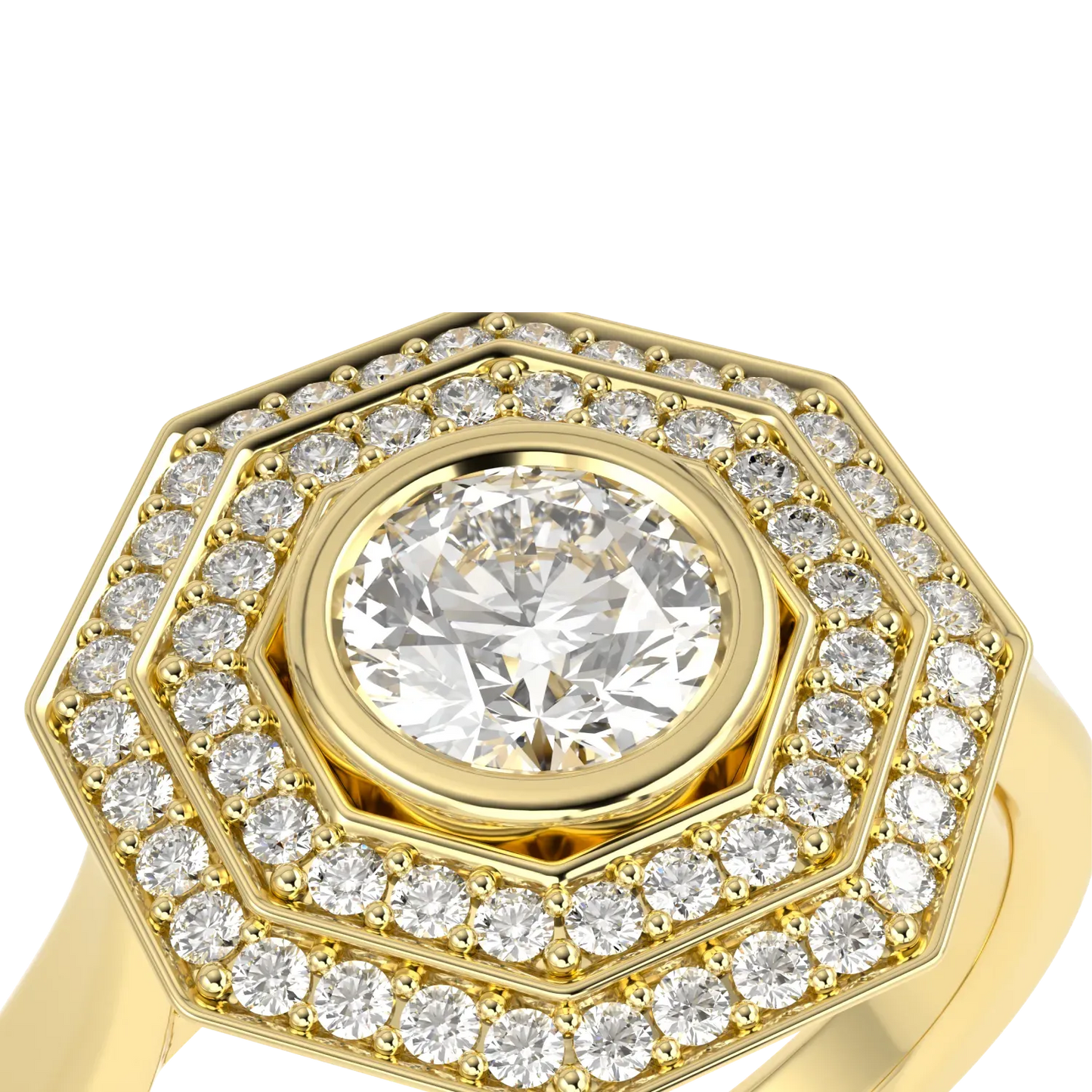 Handcrafted 18ct Yellow Gold double halo diamond ring by Blacklock, Brilliance 40 collection — detail view