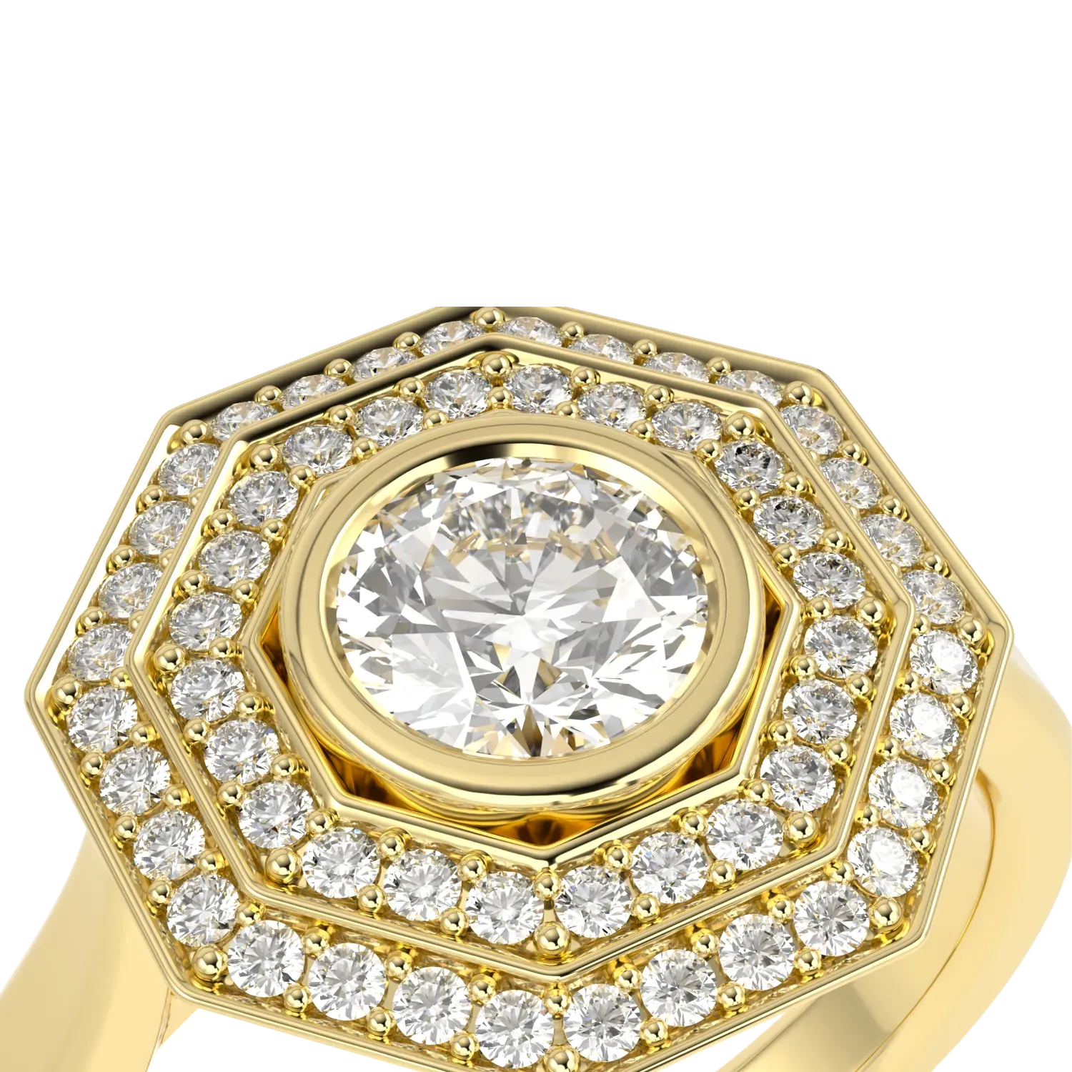 Handcrafted 18ct Yellow Gold double halo diamond ring by Blacklock, Brilliance 40 collection — detail view