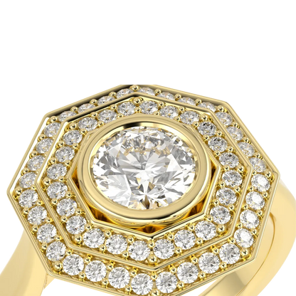 Handcrafted 18ct Yellow Gold double halo diamond ring by Blacklock, Brilliance 40 collection — detail view