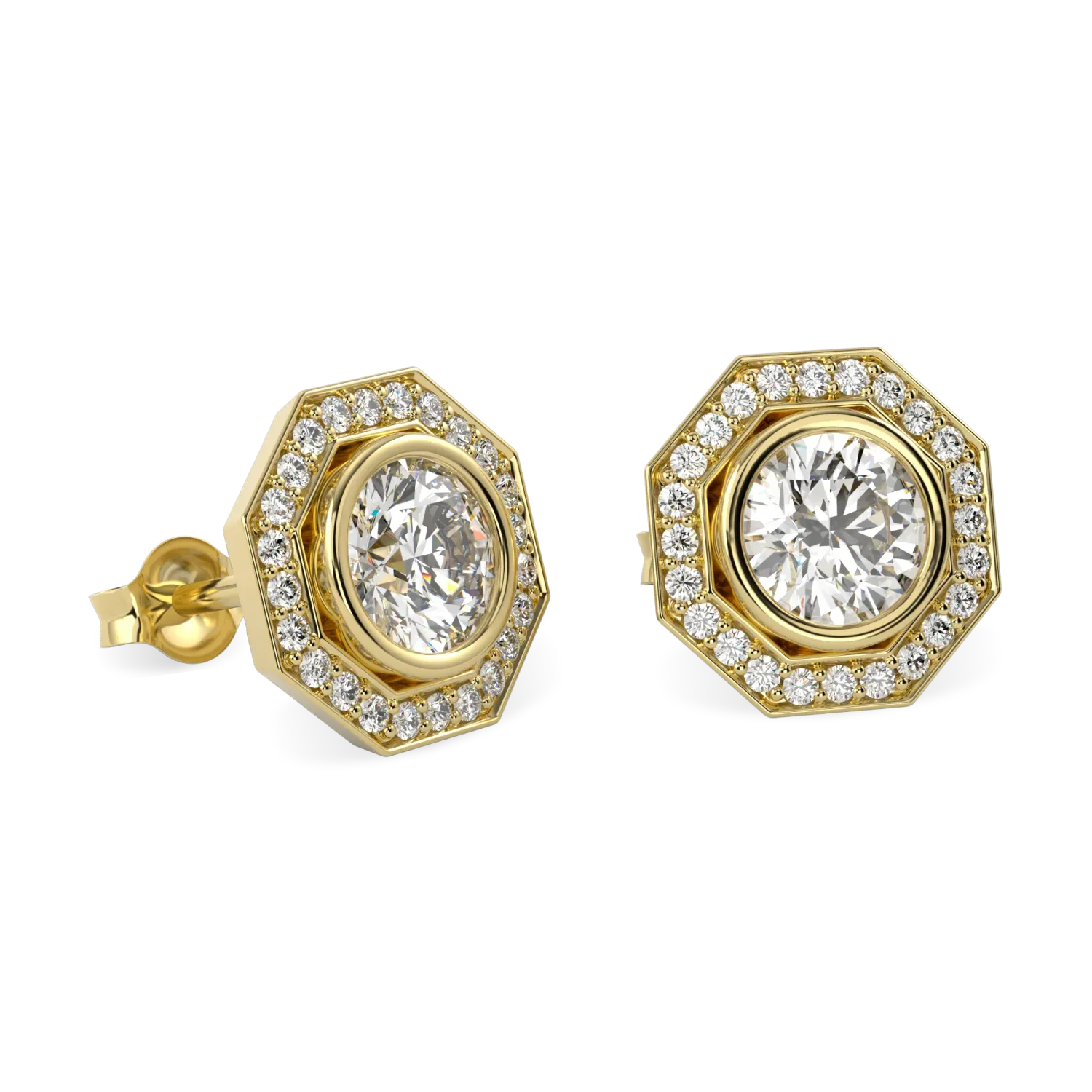 18ct Yellow Gold Diamond Octagonal Halo Earrings by Blacklock Jewellery, Brilliance 40 collection — detail view