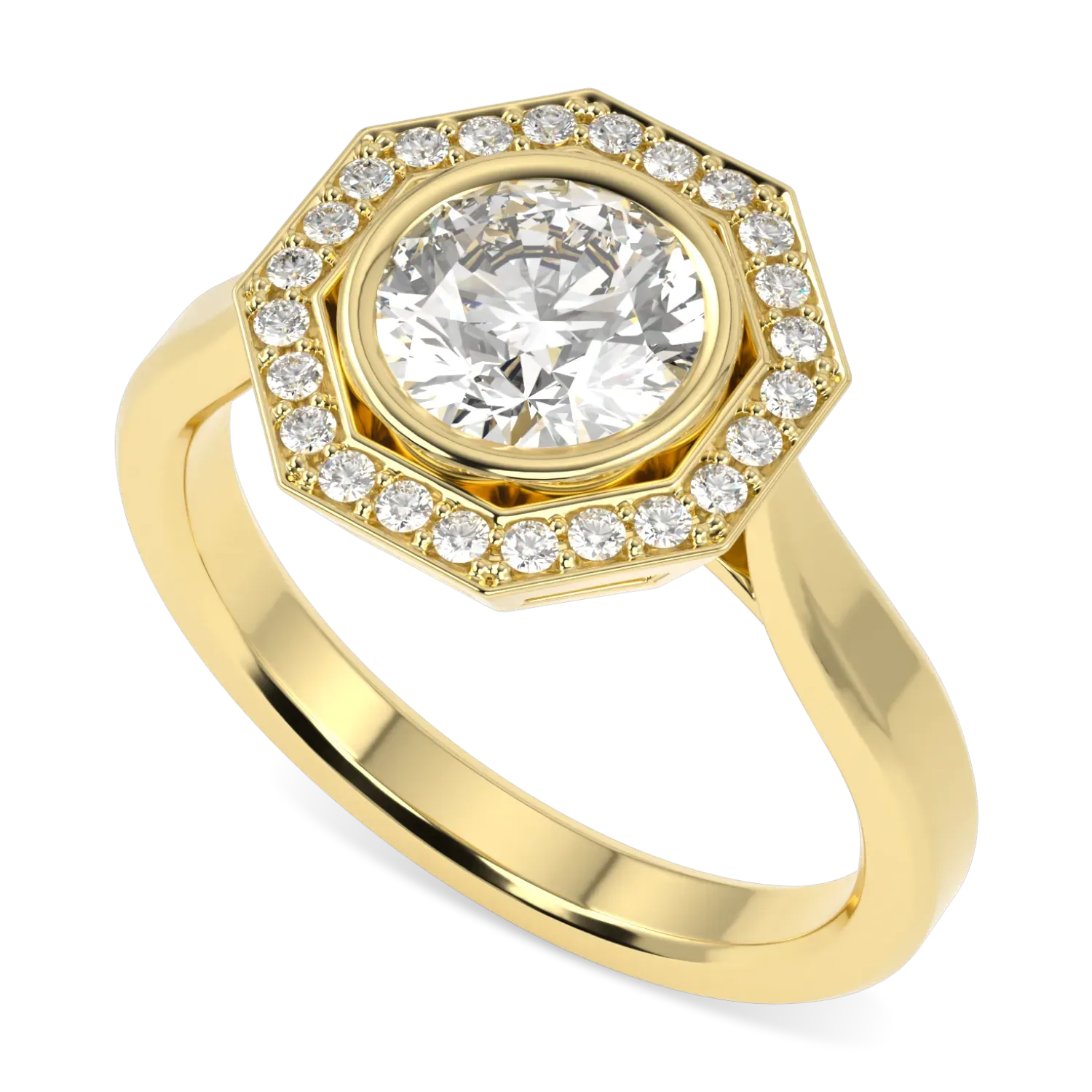 Handcrafted 18ct Yellow Gold octagonal halo diamond ring by Blacklock, Brilliance 40 collection