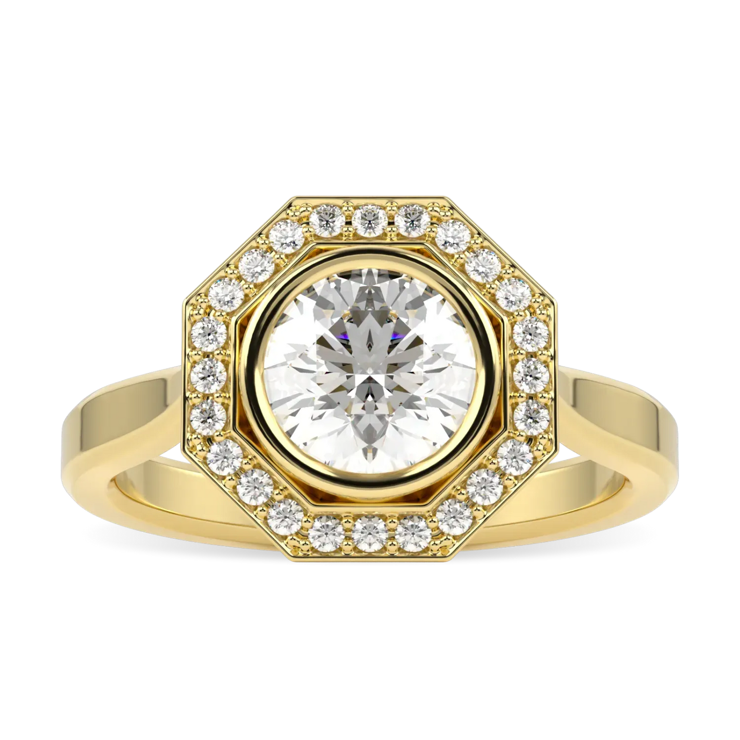 18ct Yellow Gold Diamond Octagonal Halo Ring by Blacklock Jewellery, Brilliance 40 collection — top down view