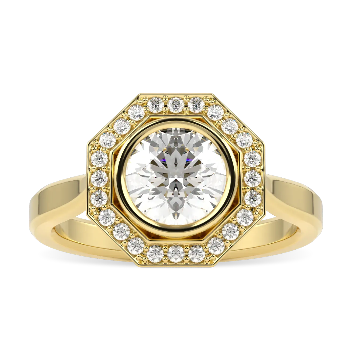 18ct Yellow Gold Diamond Octagonal Halo Ring by Blacklock Jewellery, Brilliance 40 collection — top down view